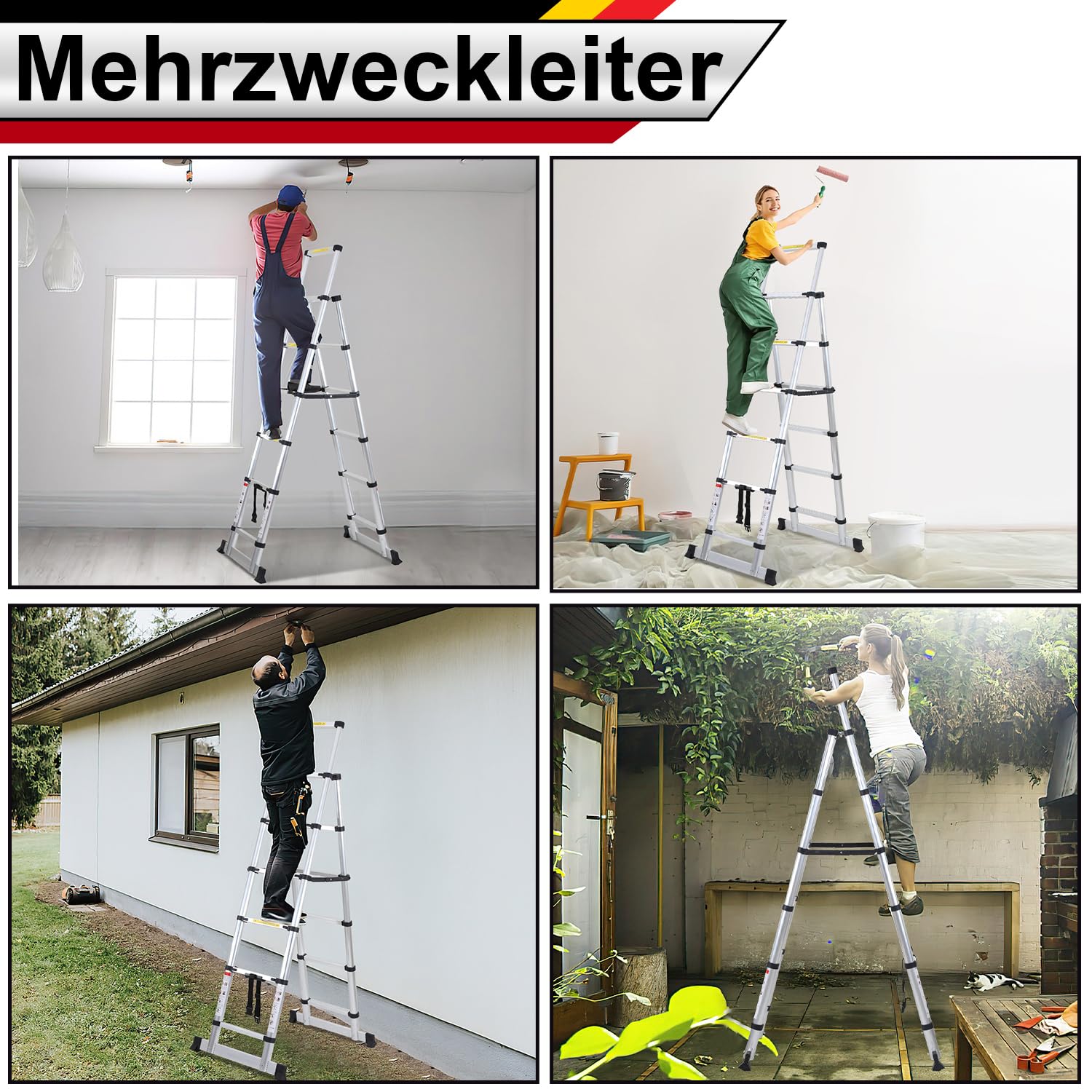 Drabina teleskopowa, składana drabina aluminiowa, 1,4 m + 1,7 m, rama A, 4 + 5 szczebli, antypoślizgowa drabina aluminiowa, drabina wielofunkcyjna, maksymalna nośność 150 kg