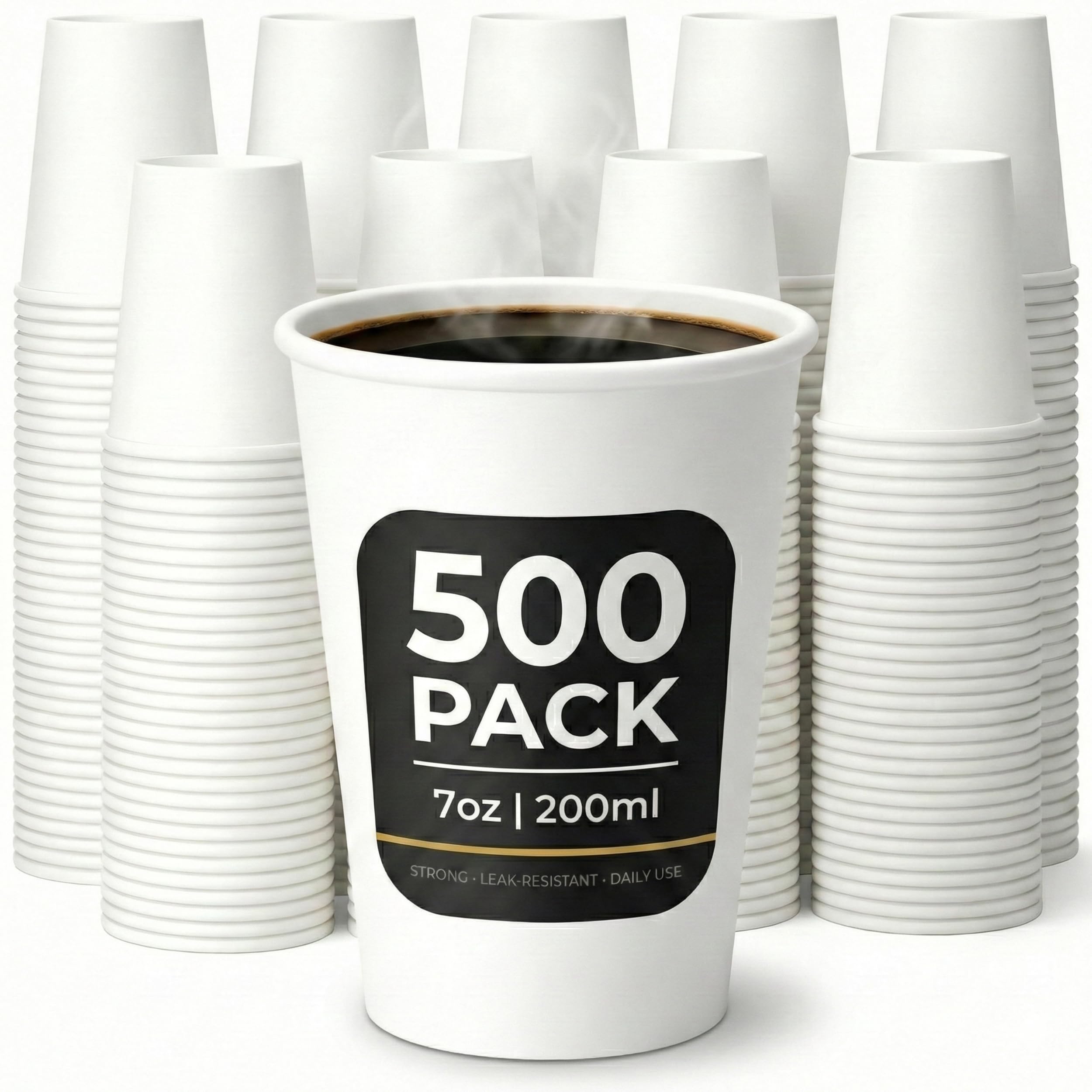 Paper Cups 7oz (200ml) – 500 Pack White Disposable Coffee Cups – Strong Single Wall Cups for Hot & Cold Drinks – Leak-Resistant, Smooth Rim – Ideal for Parties, Home, Office, Cafés & Events