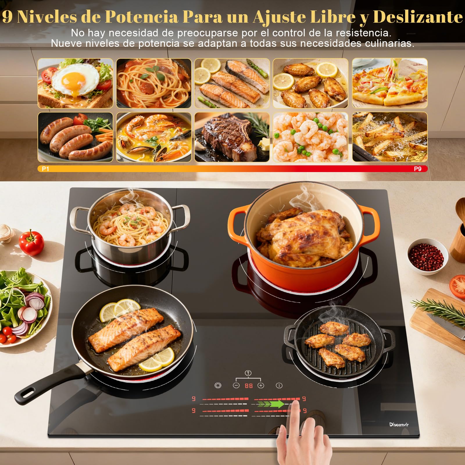 Placa Vitrocerámica 4 Fuegos 6600 W, Placa de Cocción con Zona de Expansión, Placa de Cocina Empotrable 60 cm, 9 Niveles de Potencia, Temporizador, Bloqueo para Niños, 220-240 V