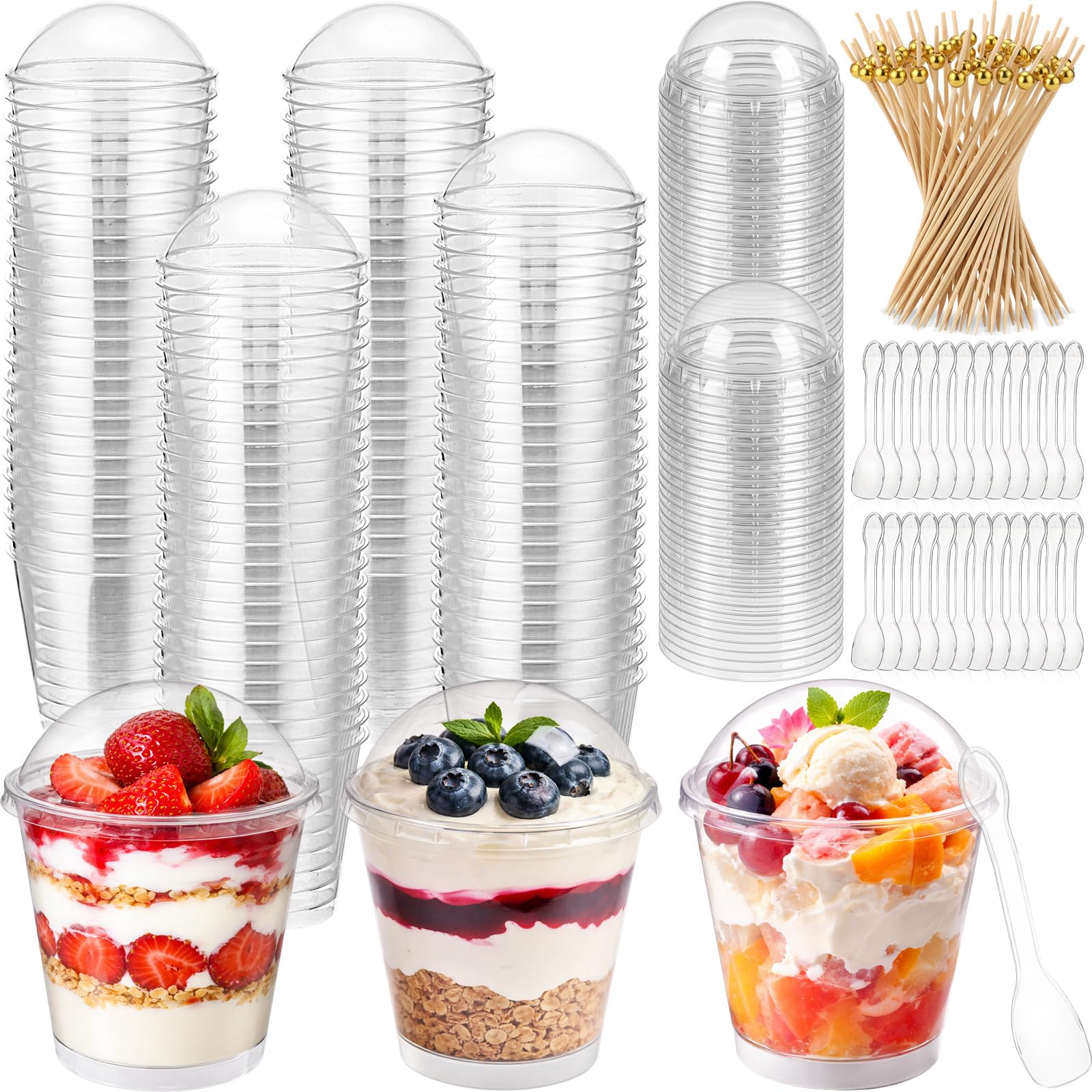 Zhehao 150 Pcs 6.8oz Parfait Dessert Cup with Spoon Toothpick, Dome Lids