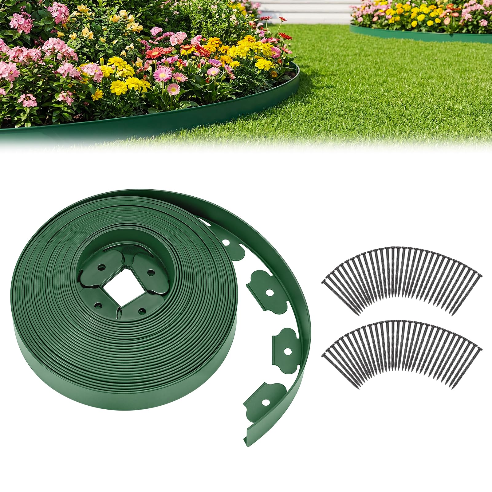 DKIEI Lawn Edging Border, 20M/66FT Flexible Lawn Garden Edging Border with 5cm High, Plastic Grass Path Edging with 60PCS Securing Pegs, Lawn edging strip for Driveways Pavement Flowerbeds, Green
