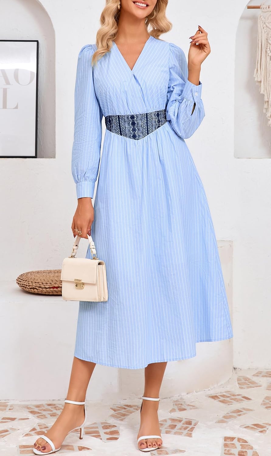Long Sleeve Maxi Dress for Women Elegant Striped V Neck Shirt Dress Flowy A Line Cotton Fall Dresses with Pocket - Image 6