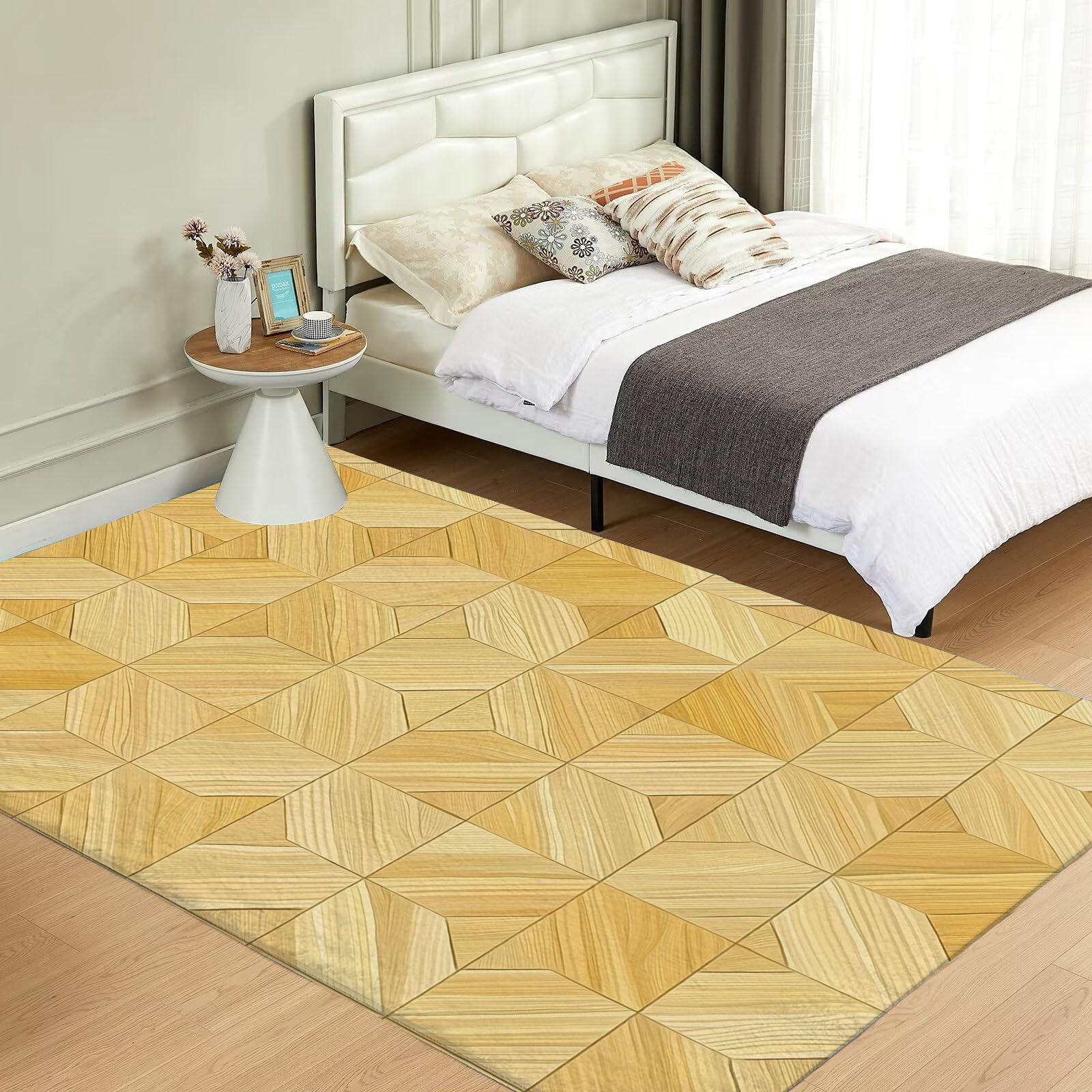 Tapis Lavable Parquet, Antidérapant Géométrie Patchwork Rétro, Résistant Aux Taches pour Intérieur, Décoration pour Salon, Chambre À Coucher, Bureau - Jaune Clair - 80X150Cm