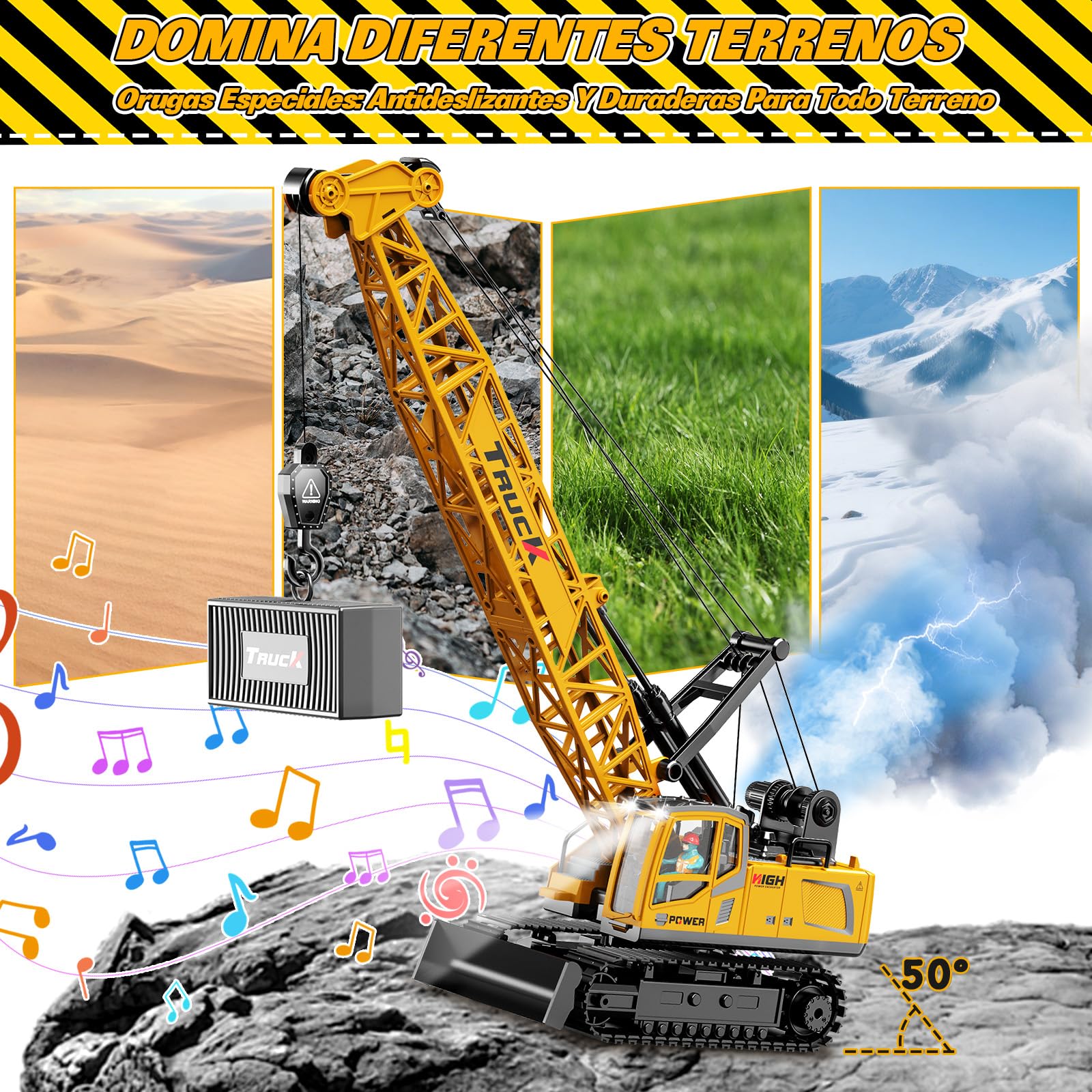 1:16 Gruas de Juguete, 13 Canales Grua Teledirigida con Luces Efectos Sonido Spray, Grande Vehículos de construcción Gruas RC Juguete Regalos para Niños 6+ Años (Amarillo)