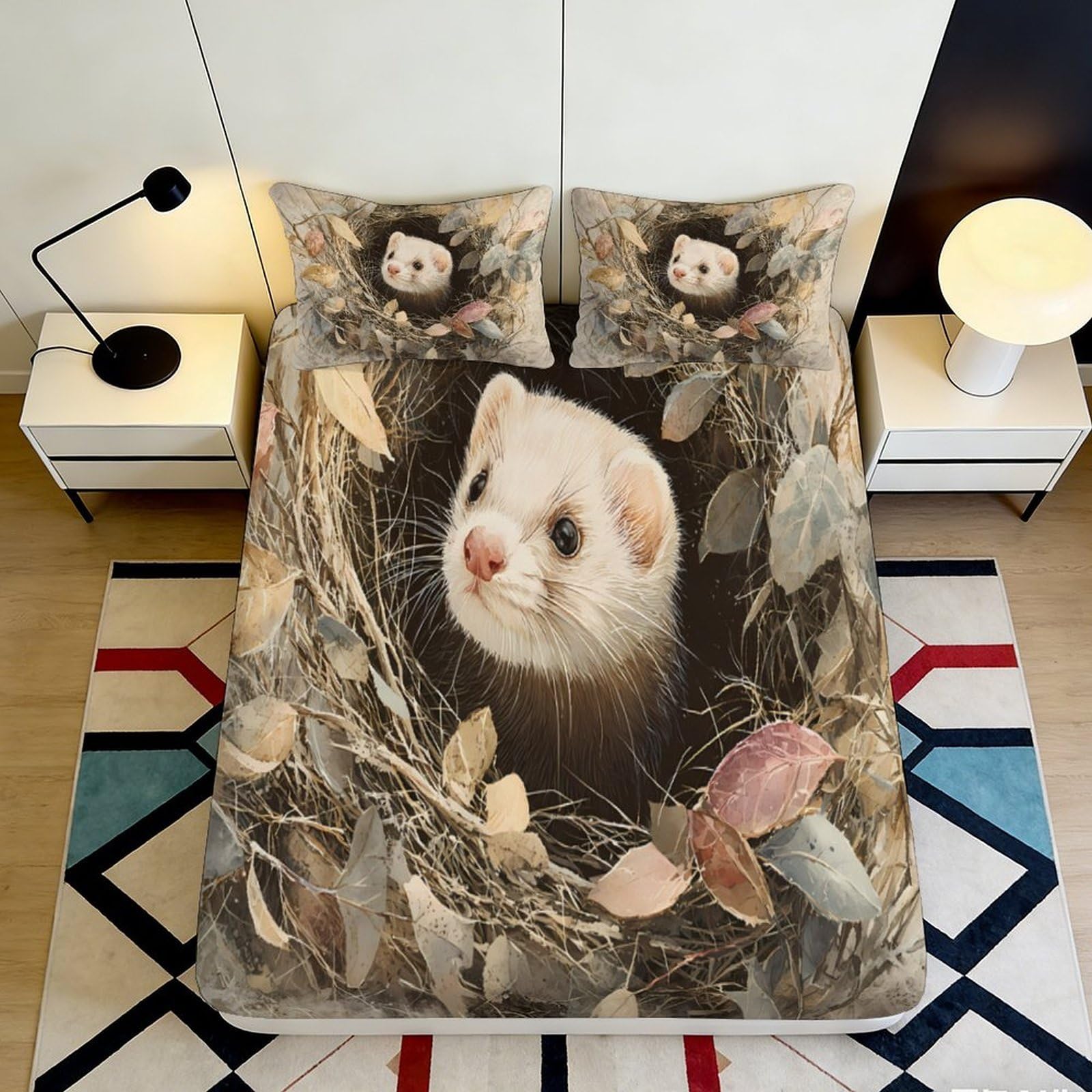 3D Printed Ferret Nest Fitted Sheet Microfiber Anti-Slip Washable Autumn Leaves Bed Cover for Bedroom Decor 140x200x25cm