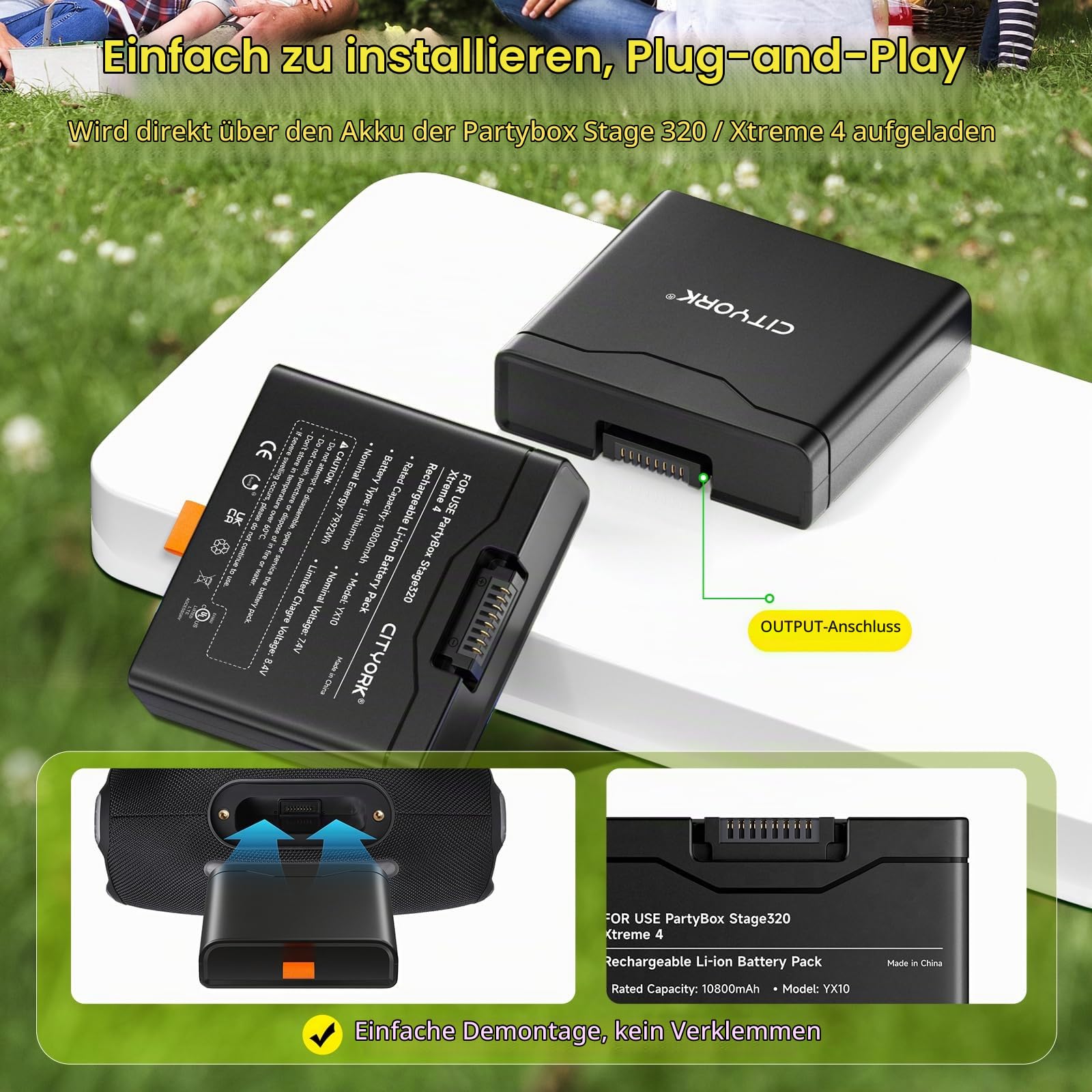 CITYORK 7.4V/10800mAh Ersatz Akku für JBL Partybox Stage 320 / JBL Xtreme 4 Bluetooth-Lautsprecher, Lässt Sich in Sekundenschnelle austauschen, sodass die Party doppelt so Lange am Laufen hält
