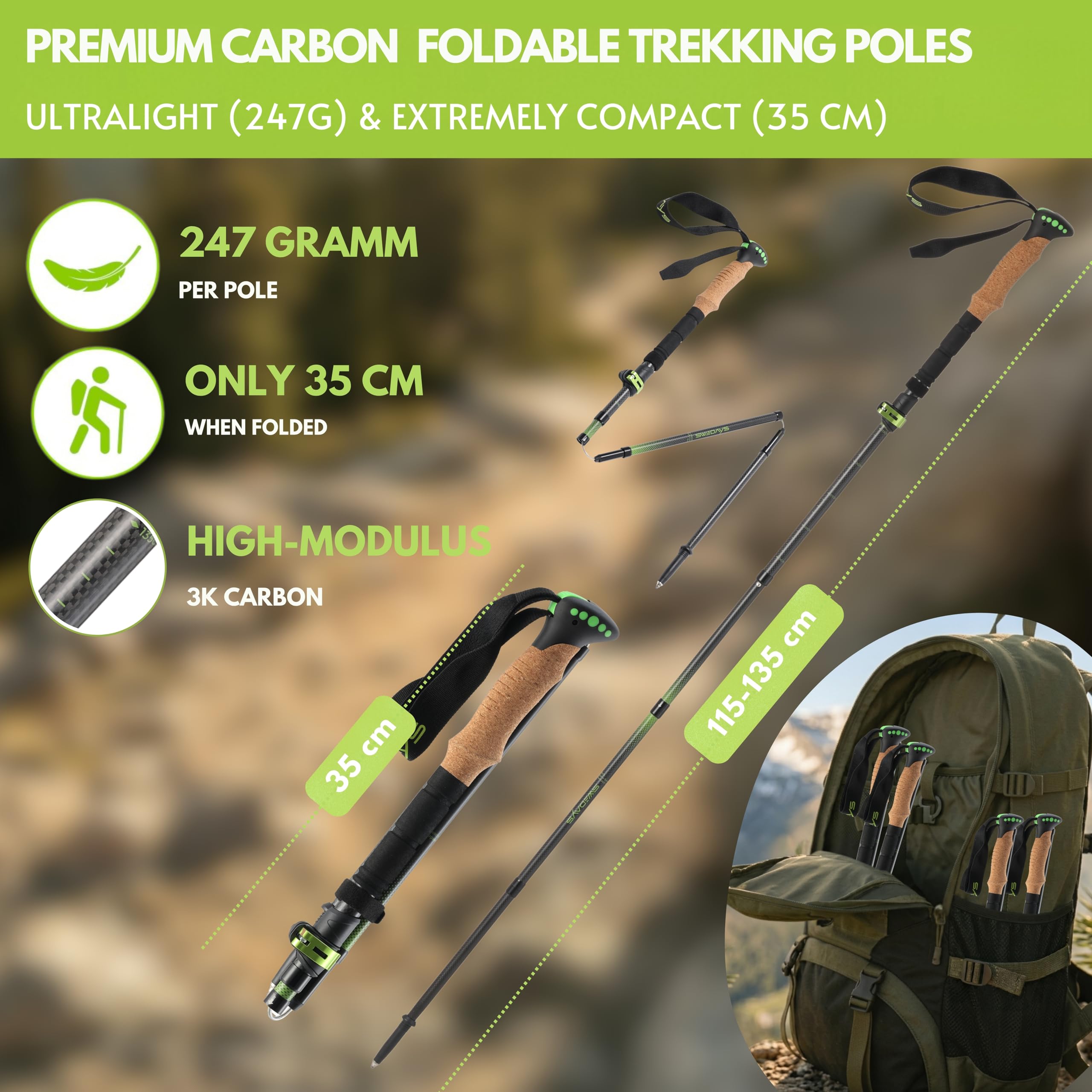 Kijki trekkingowe, składane, z włókna węglowego, do nordic walkingu, dla kobiet i mężczyzn, lekkie i regulowane, 115-135 cm, kijki trekkingowe z korkowym uchwytem i gumowym odbojnikiem