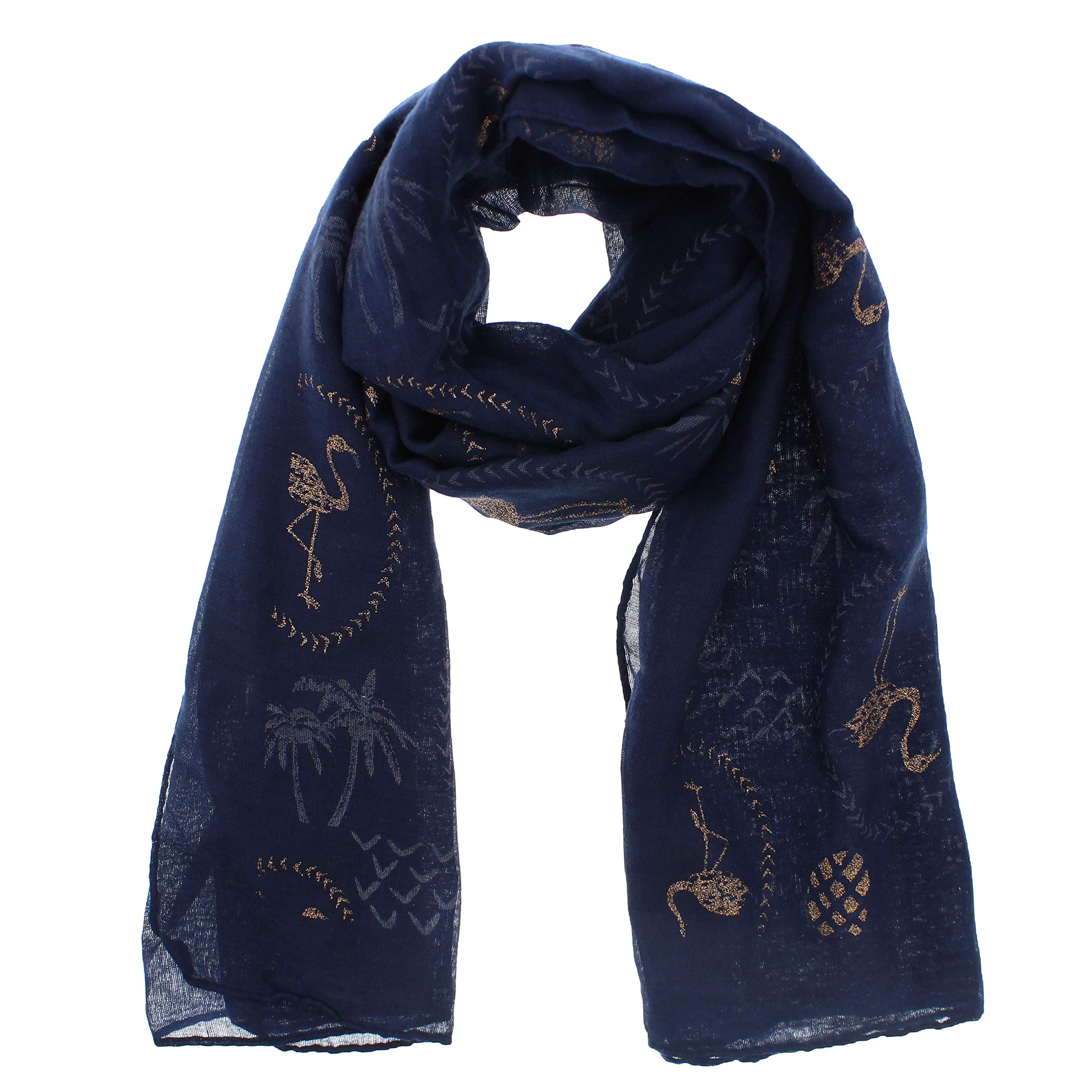 Zac's Alter Ego Women's Navy Blue Scarf With Gold Glitter Flamingo & Pineapple Print