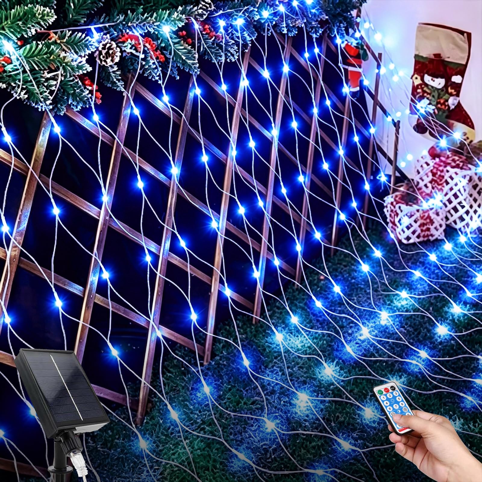 Prosishing Solar Net Lights Outdoor, 1.5 * 1.5M 96LEDs Outdoor String Lights Net with Remote Control, 8 Lighting Modes Waterproof Solar Net Lights for Garden, Christmas, Wedding, Party c