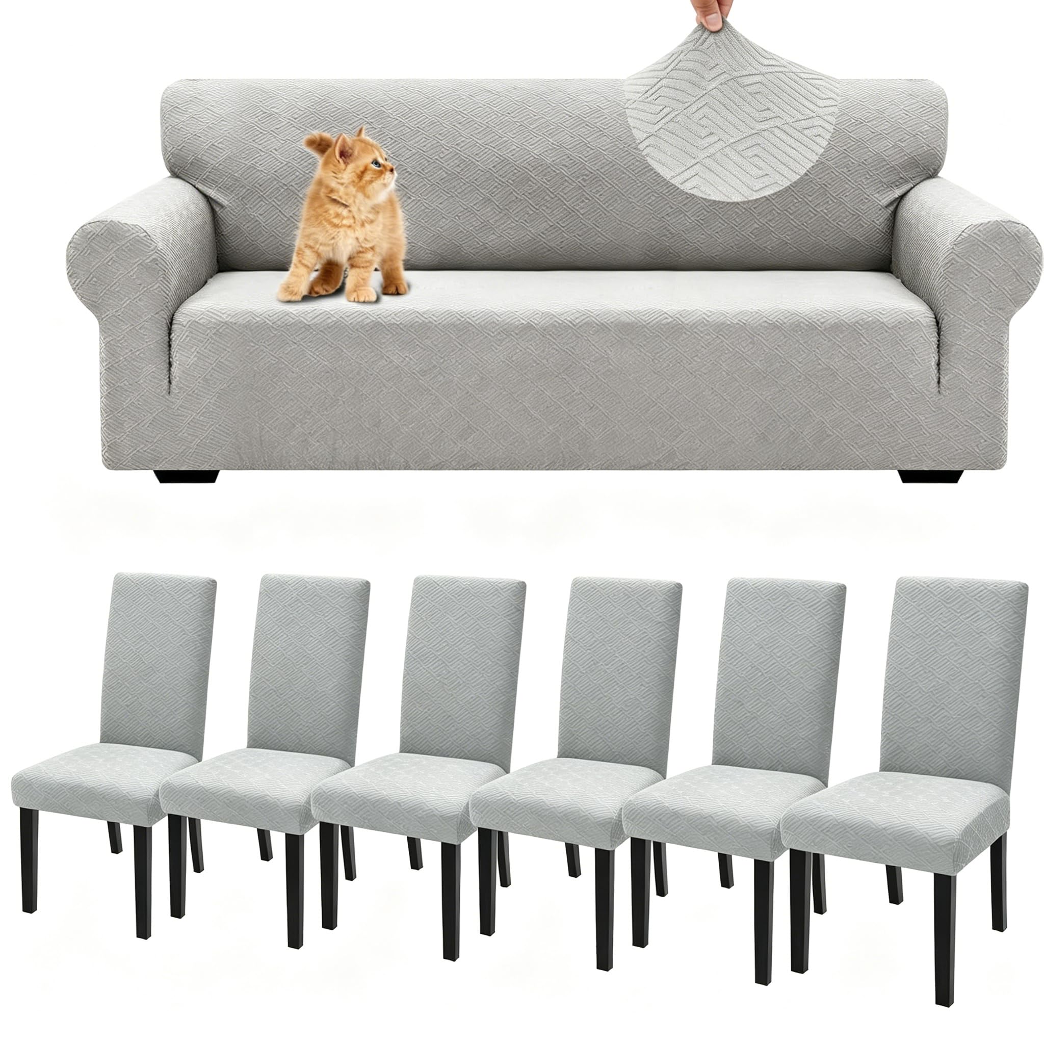 Housse de fauteuil extensible 3 places avec 6 protections de chaise gris argenté