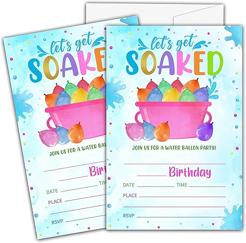 Ycyfckdr Invitaciones de cumpleaños con globos de agua para niños y niñas, tarjetas de invitación para fiesta de cumpleaños de piscina de verano,