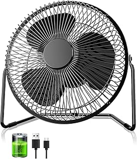 EasyAcc 9 Inch Desk Fan Battery Fan Operated 4 Speed Ultra-Quiet Metal Cooling Fan 6-16 Hours Enhanced Airflow 360° Rotation Table Fan, Portable Cooling Fan for Home Outdoor Camping BBQ Party- Black