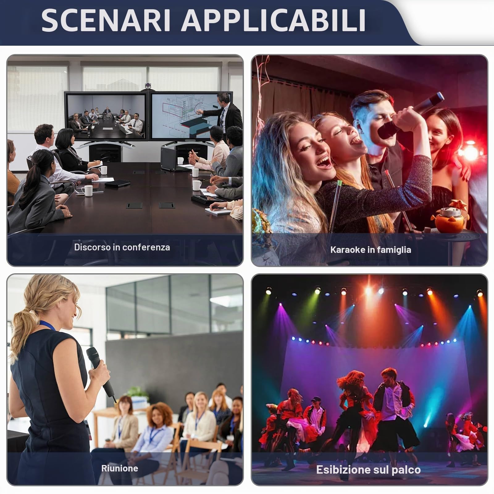 Doppio microfono senza fili, set di microfoni wireless con ricevitore ricaricabile – portata di 61 m, plug and play, suono cristallino per karaoke, matrimoni, feste, presentazioni, canto