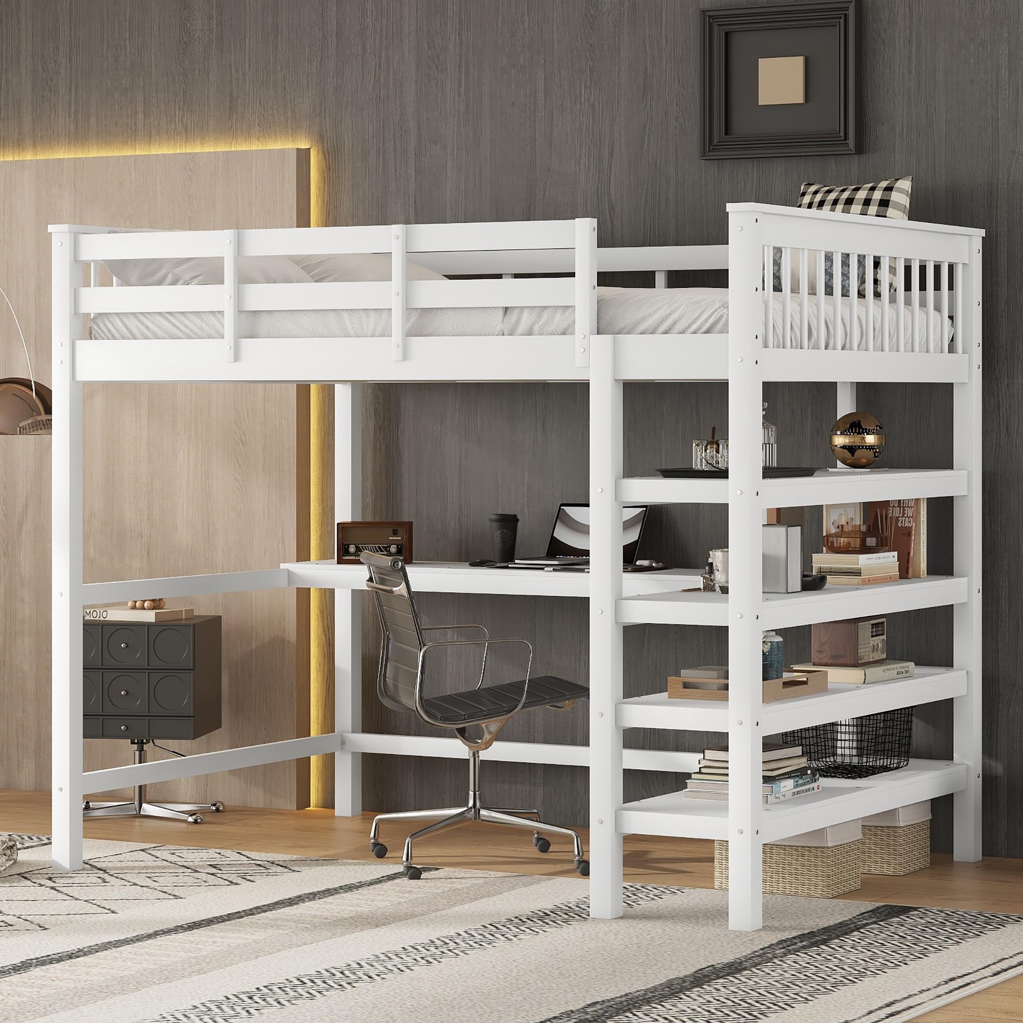 Letto a soppalco per bambini, adolescenti, adulti, 140 x 200 cm, con scrivania, quattro ripiani piccoli