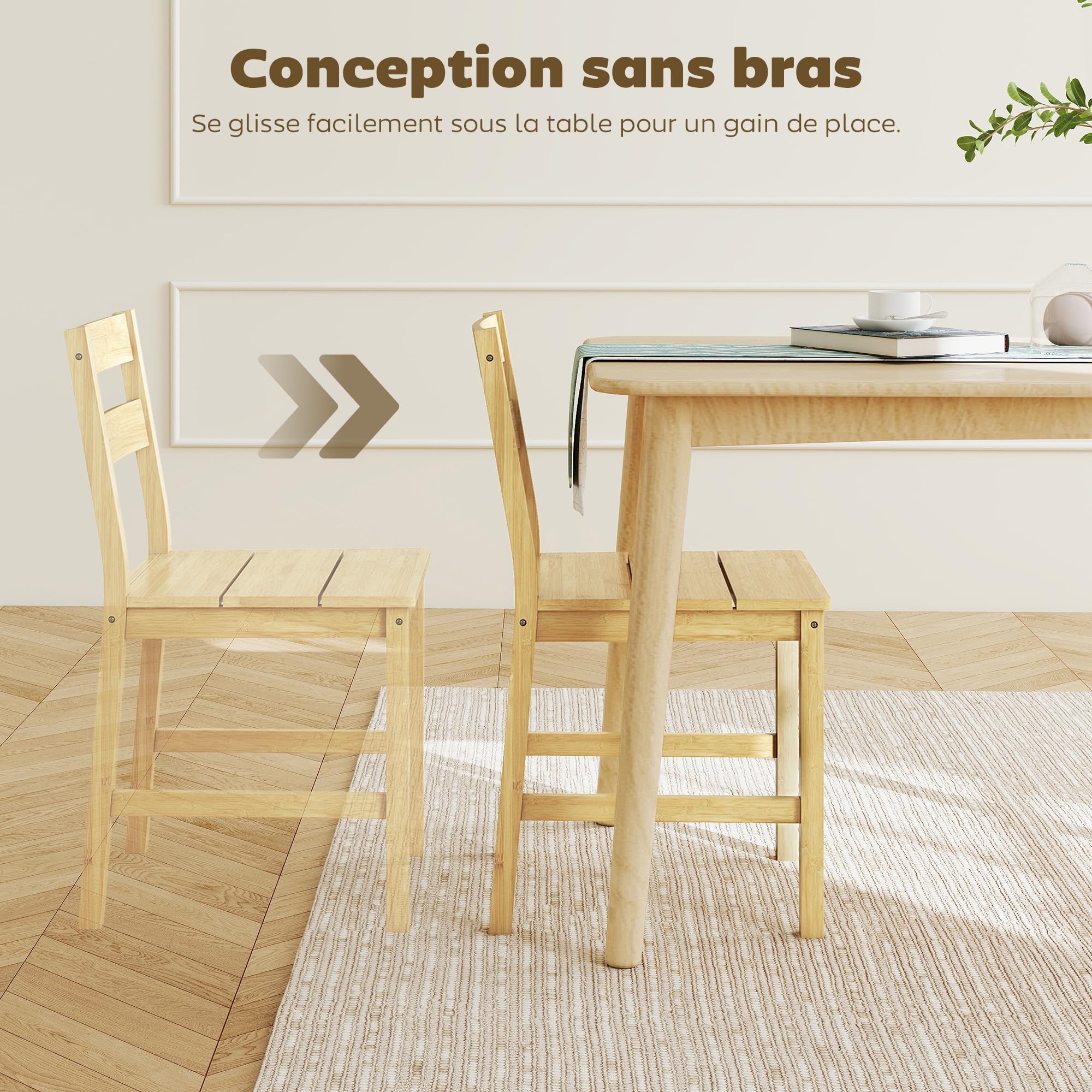 HOMCOM Lot de 2 chaises de Salle à Manger en Bambou, chaises de Cuisine sans accoudoirs avec Assise à Lattes et Dossier incurvé, pour Salon, Maison, Effet Bois Naturel