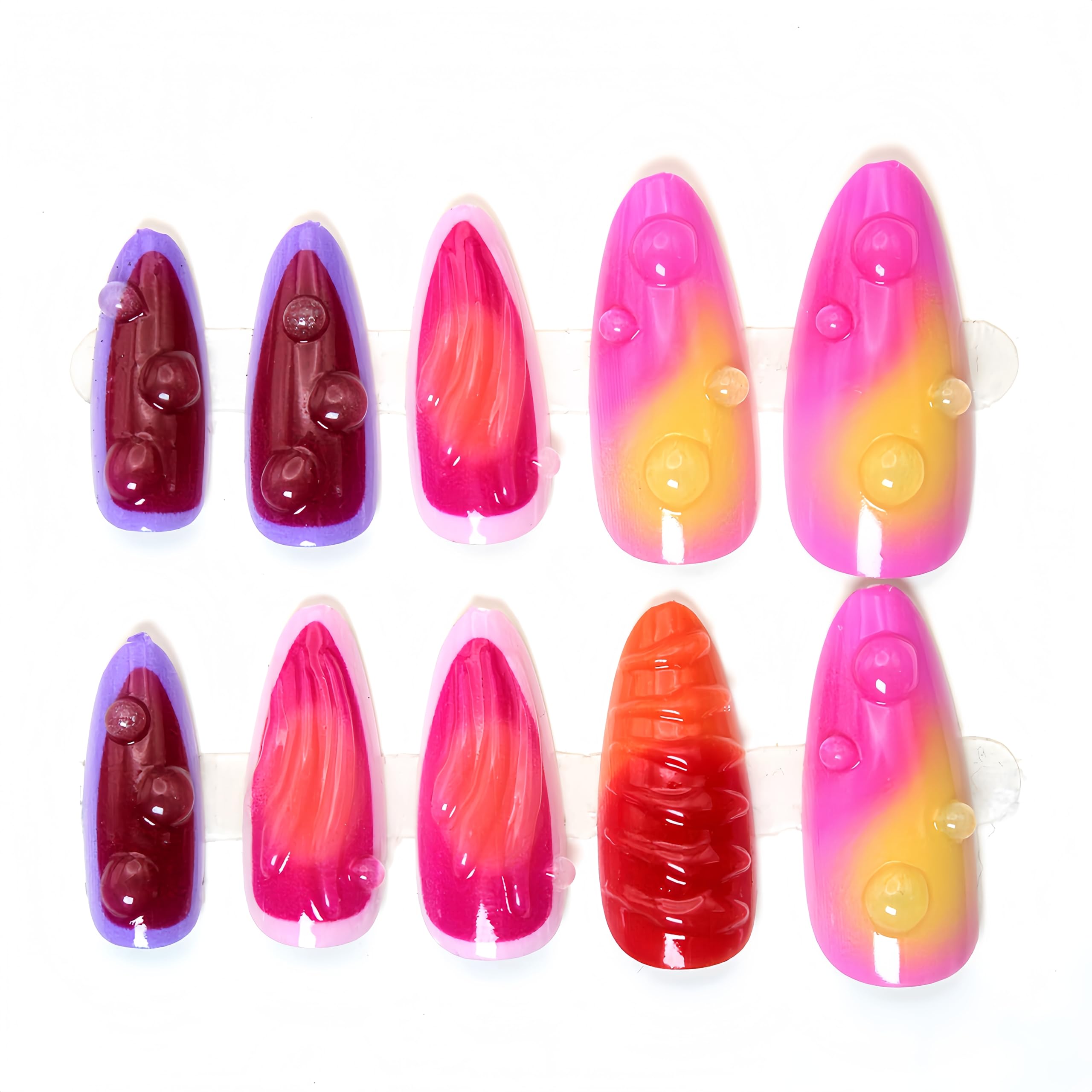 Summer 3D Water Drops Press on Nails Medium Almond False Nails Colorful Full Cover Artificial Stick on Nails Water Ripple False Nails Reusable Acrylic