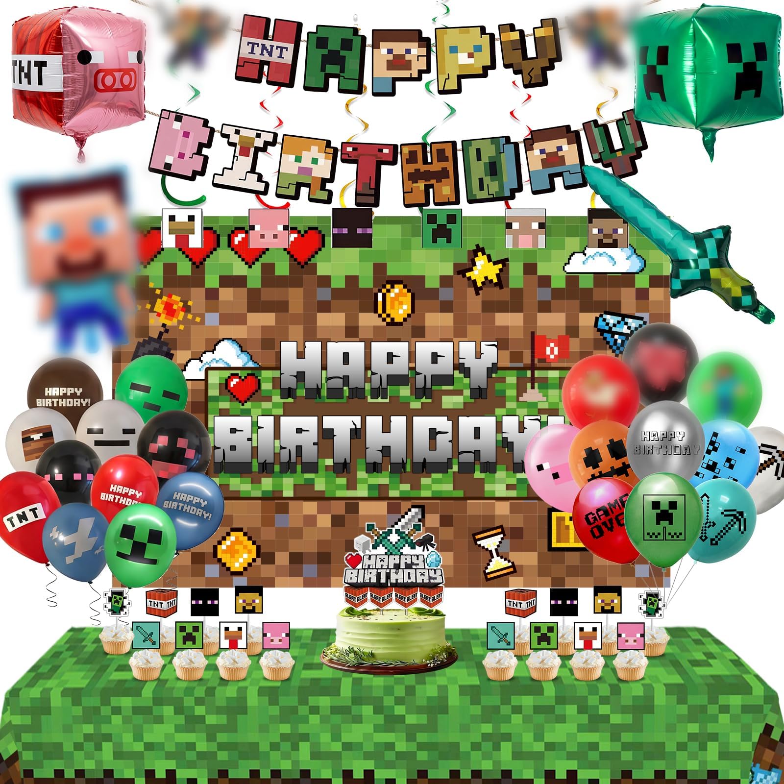 Finecraft Birthday Party Kit - Pixel Theme Party Set with Banner (Matching Set b)