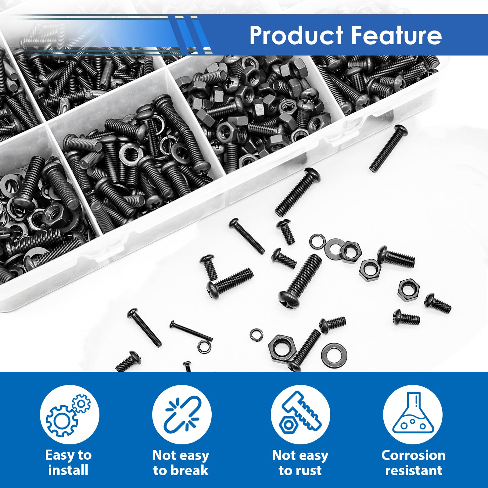 smseace 516Pcs Black Nuts and Bolts Assortment Kit 21-Sizes M3/M4/M5/M6 Nut Bolt Washer Assortment Kit for Machinery, Furniture, Automotive, Motorcycle Repairs — Amazon image 4