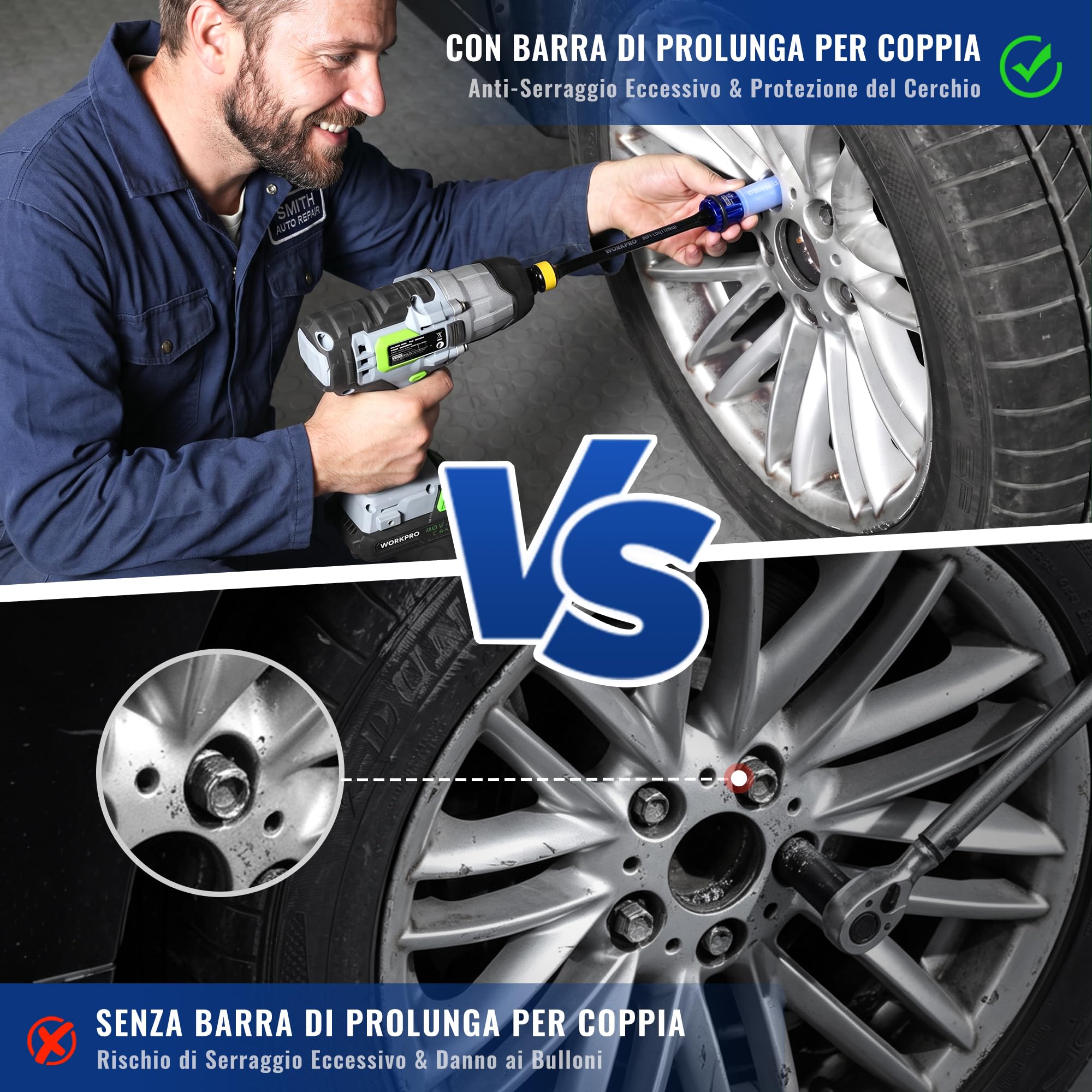 WORKPRO Set 5 Prolunghe per Chiave a Impulso 1/2" con Limitatore di Coppia