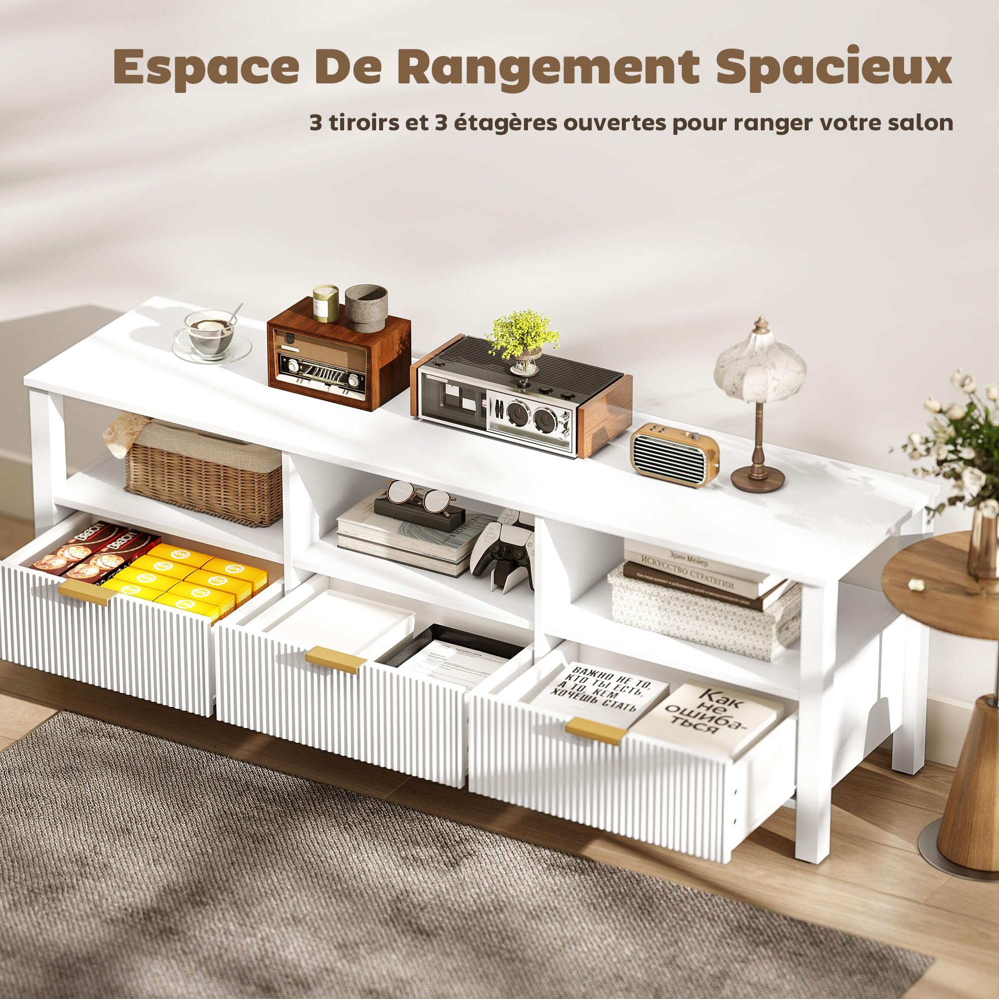HOMCOM Meuble TV 152 cm, Meuble télé pour téléviseur jusqu'à 65 Pouces avec 3 tiroirs cannelés et 3 étagères Ouvertes, Banc TV Moderne pour Salon, Chambre à Coucher, Blanc