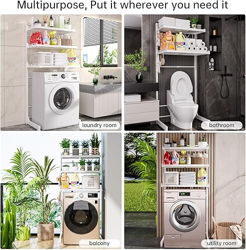 Miniatura 8 de Estantes de acero al carbono para lavadora y secadora, mamparo de 3 niveles para almacenamiento y organización de lavandería, estante de ahorro