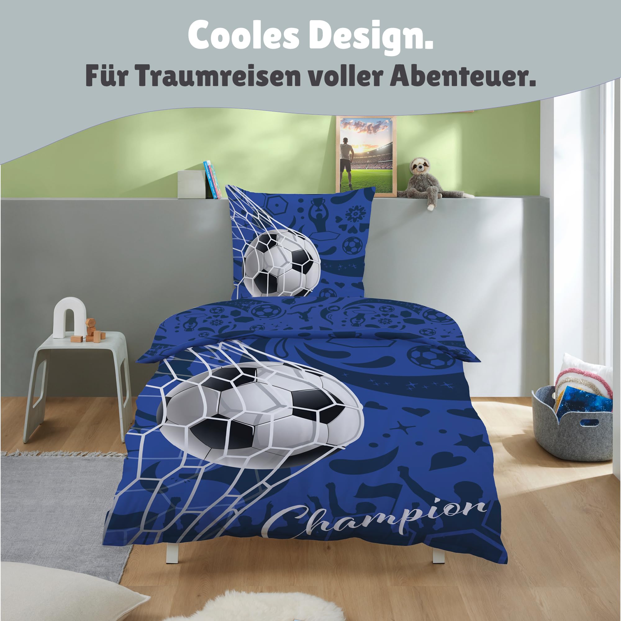 Familando – Fußball Bettwäsche-Set (2-teilig) – Decken- & Kissenbezug 135x200 cm & 80x80 cm mit Reißverschluss – 100% Baumwolle – Wendemotiv Champion – Atmungsaktiv & hautfreundlich - Öko-TEX