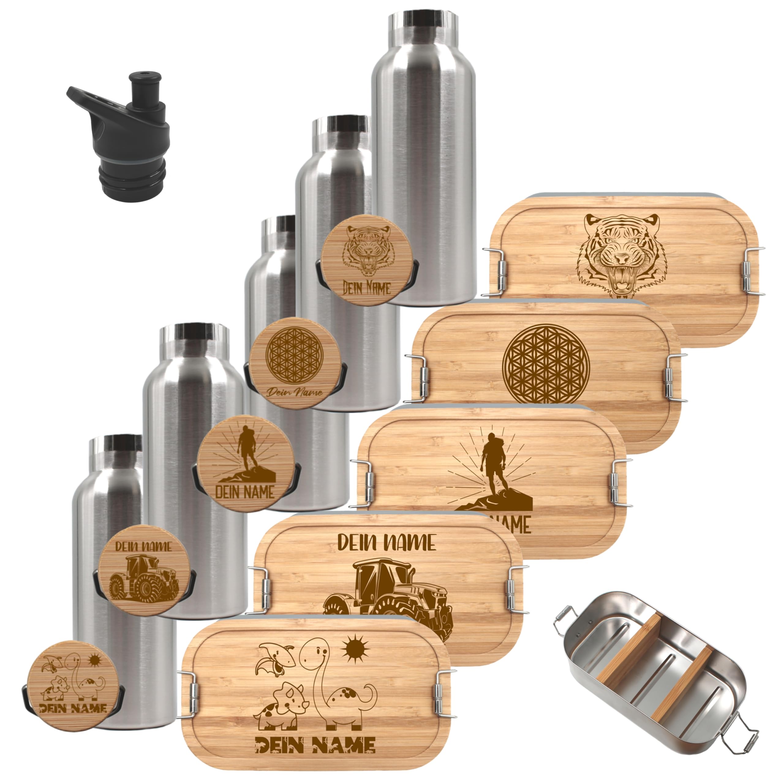 Brotdose und Trinkflasche personalisiert, Brotdose Kinder personalisiert, Trinkflasche personalisiert, Lunchbox Trinkflasche mit Namen, Pausen - Set (Flasche 500 ml, Lunchbox Weissblech 700 ml)