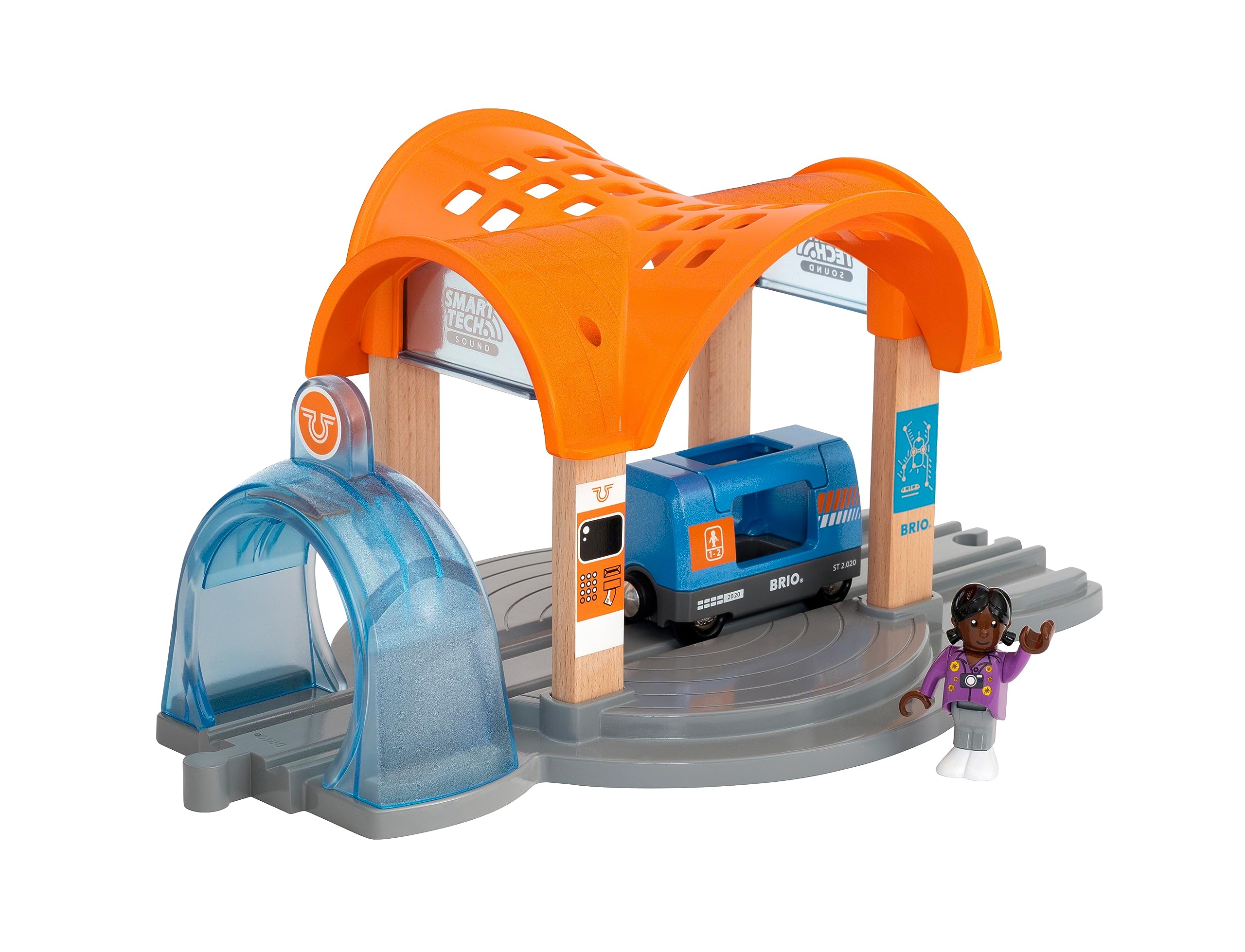 BRIO World 33973 Smart Tech Sound Bahnhof mit Action Tunnel – Zubehör Holzeisenbahn – Interaktives Spielzeug empfohlen ab 3 Jahren