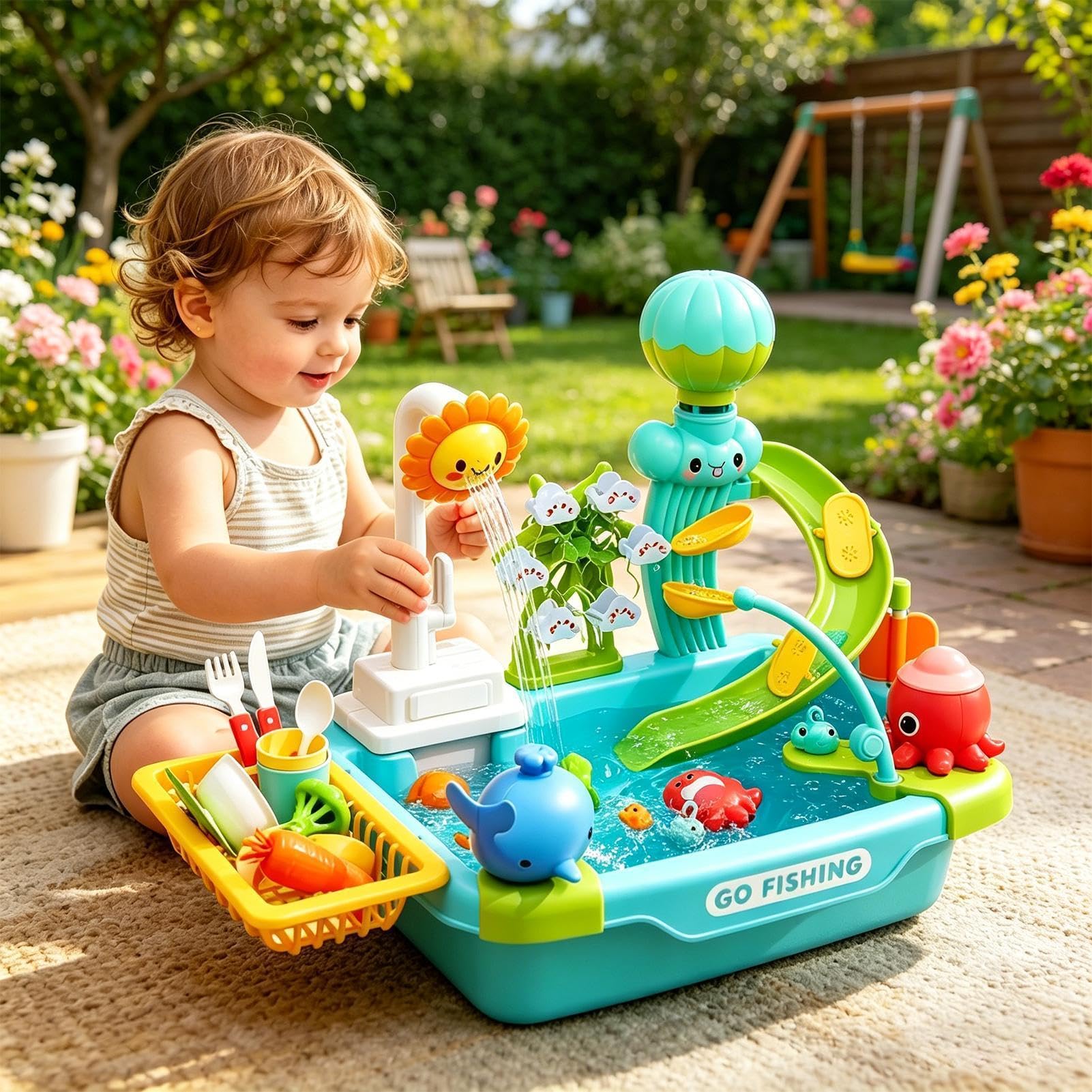 Kinder Waschbecken mit fließendem Wasser - Pädagogisches Rollenspielzeug,Geschirrspüler Spielzeug für Kleinkinder - Für Kinder, Vorschüler, Camping, Im Freien, Kita, Zuhause, Bad, Spielraum, Urlaub,