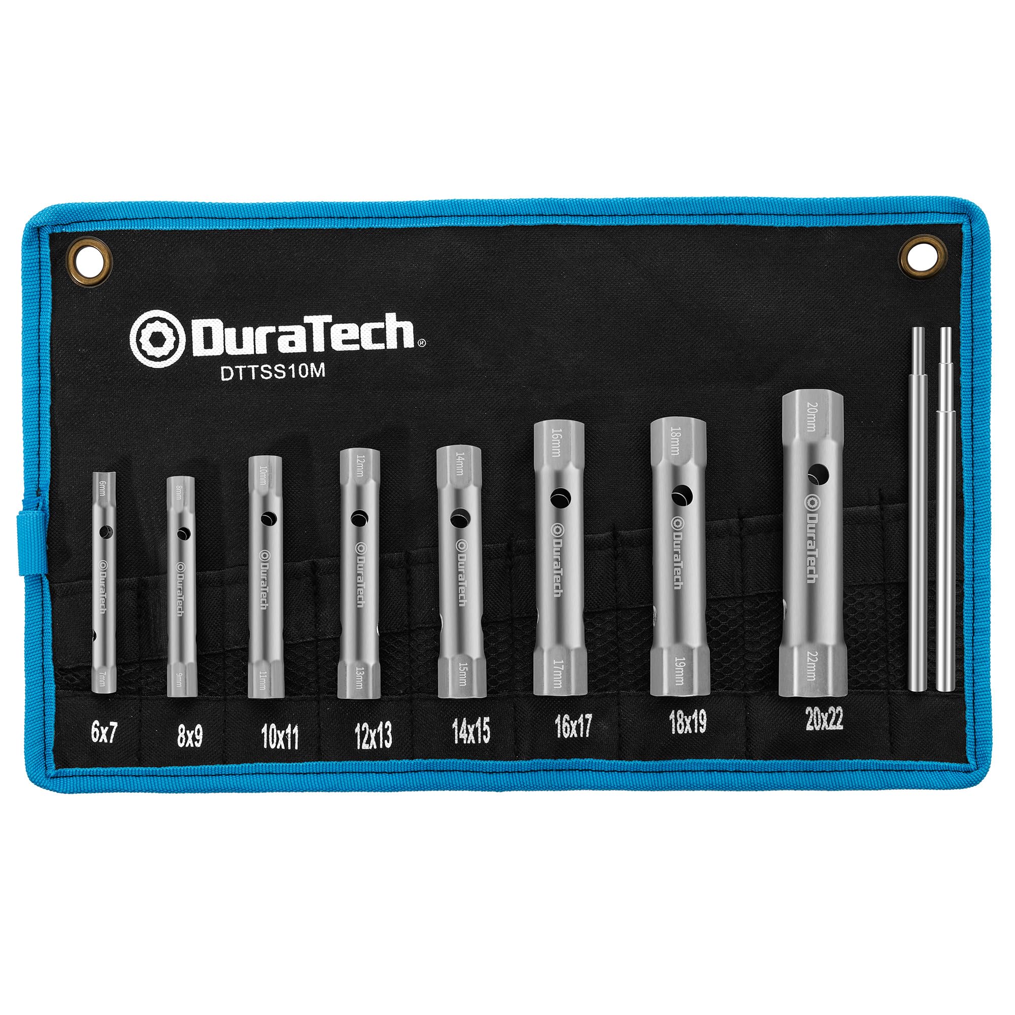 DURATECH Juego de 10 llaves de tubo con 2 barras de palanca, métrico, 6-22 mm, juego de llaves para contratuercas para fontanería, instalaciones y reparaciones de vehículos