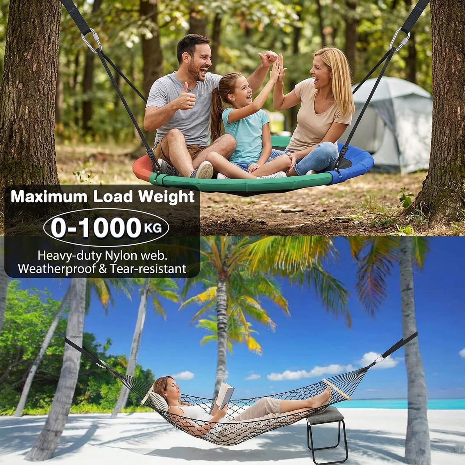 Kit di Montaggio per Altalene e Amache 900 kg Set Completo da 2 Pezzi con Cinghie da 150 cm, Anelli a D, Moschettoni, Protezioni per Alberi e Sacca di Trasporto Uso Universale per Giardino ed Esterni