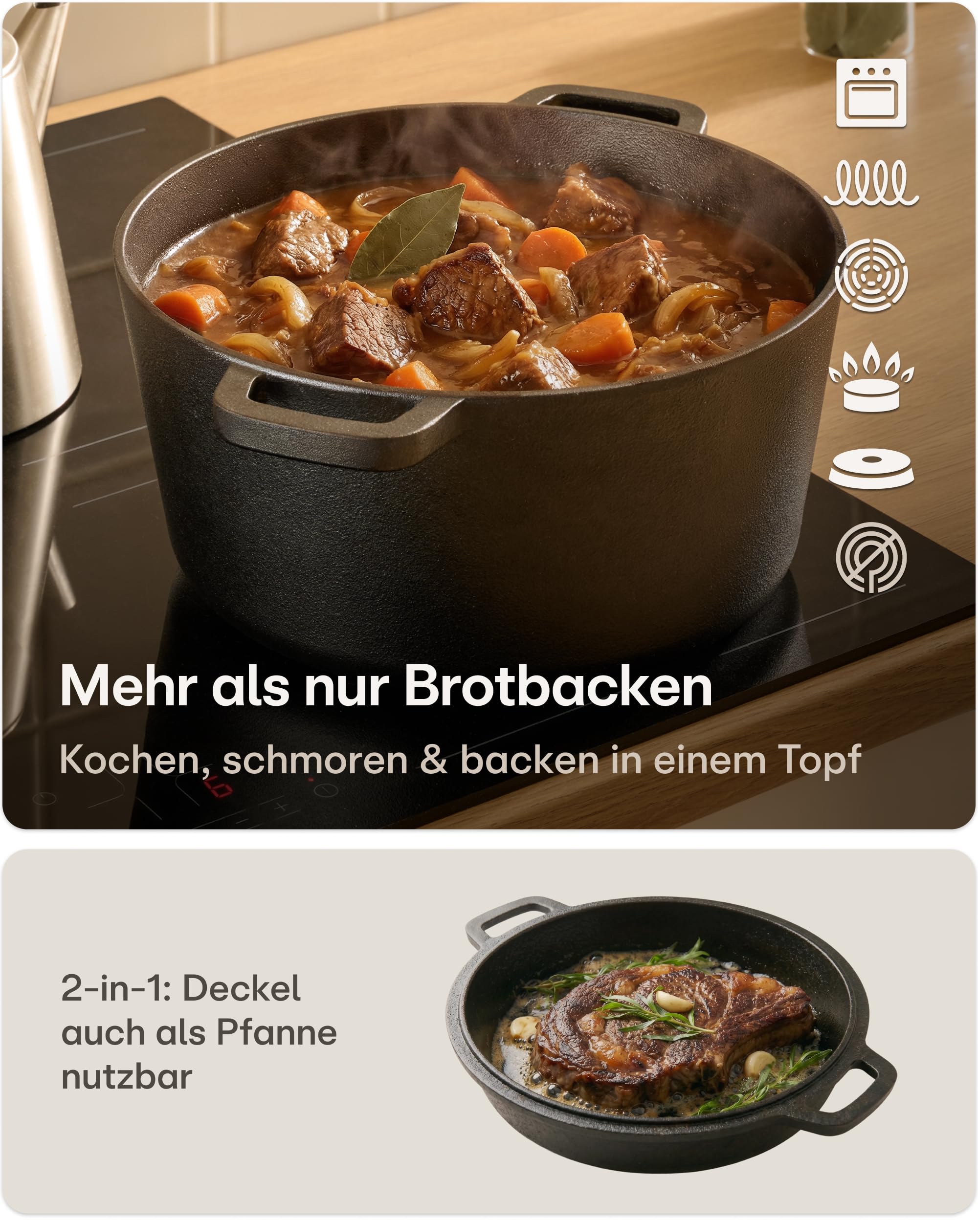 Praknu Gusseisen Topf für Brot Backen Set (26 cm Brottopf) – Inkl. Gärkorb, Brotbeutel & Brotbacktopf – Bräter mit Deckel –Brotbackform – Brot Backen Zubehör- Rund 4,7 L