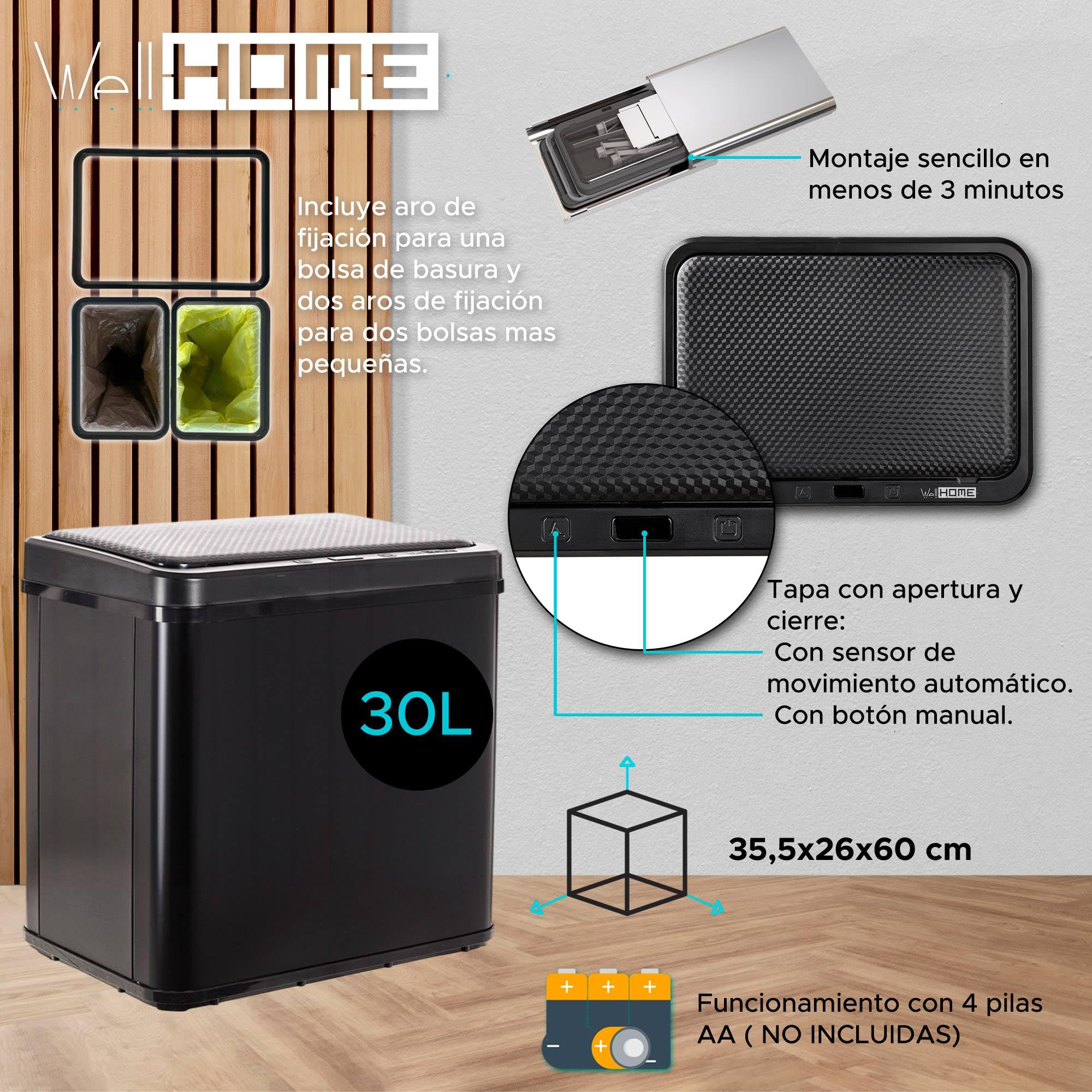 WELL HOME MOBILIARIO & DECORACIÓN Cubo de Basura inteligente para Reciclaje SIN patas, con apertura automática y contacto manual, capacidad 15L+15L, Alto: 60 (x35,5x26cm), Color Negro