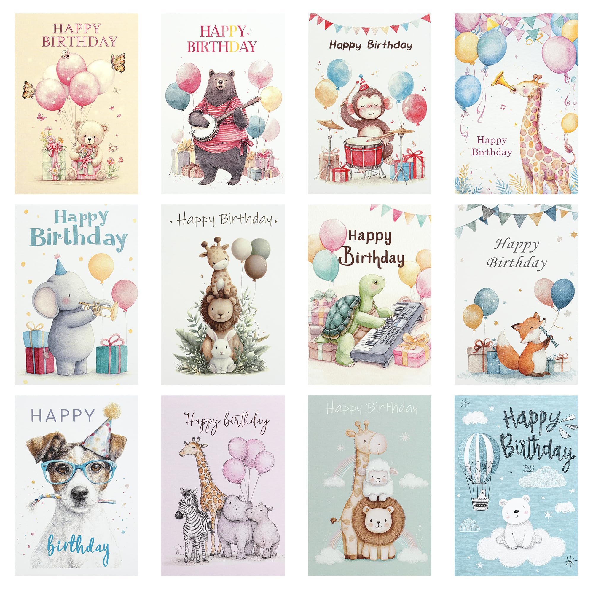 24 Assorted Birthday Cards Set – 15x22cm Watercolor Designs with Kraft Envelopes,Thick 250gsm Animal Birthday Cards Multipack, Eco-Friendly & Fun for Kids and Adults