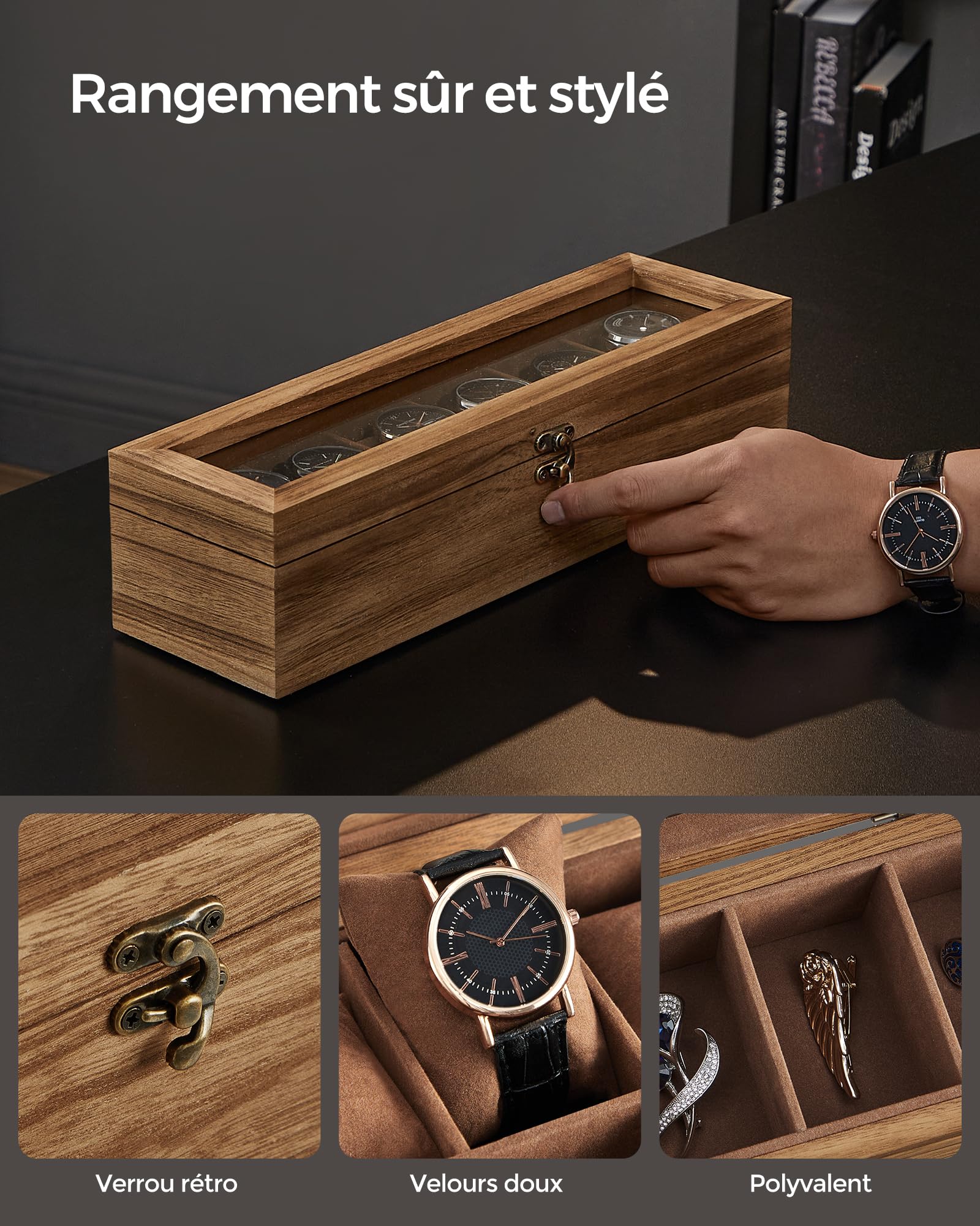 SONGMICS Boîte à Montres 6 Compartiments, Coffret à Montres en Bois, Écrin, avec Couvercle en Verre, Coussinets pour Montres, Couleur Noisette JOW006K01