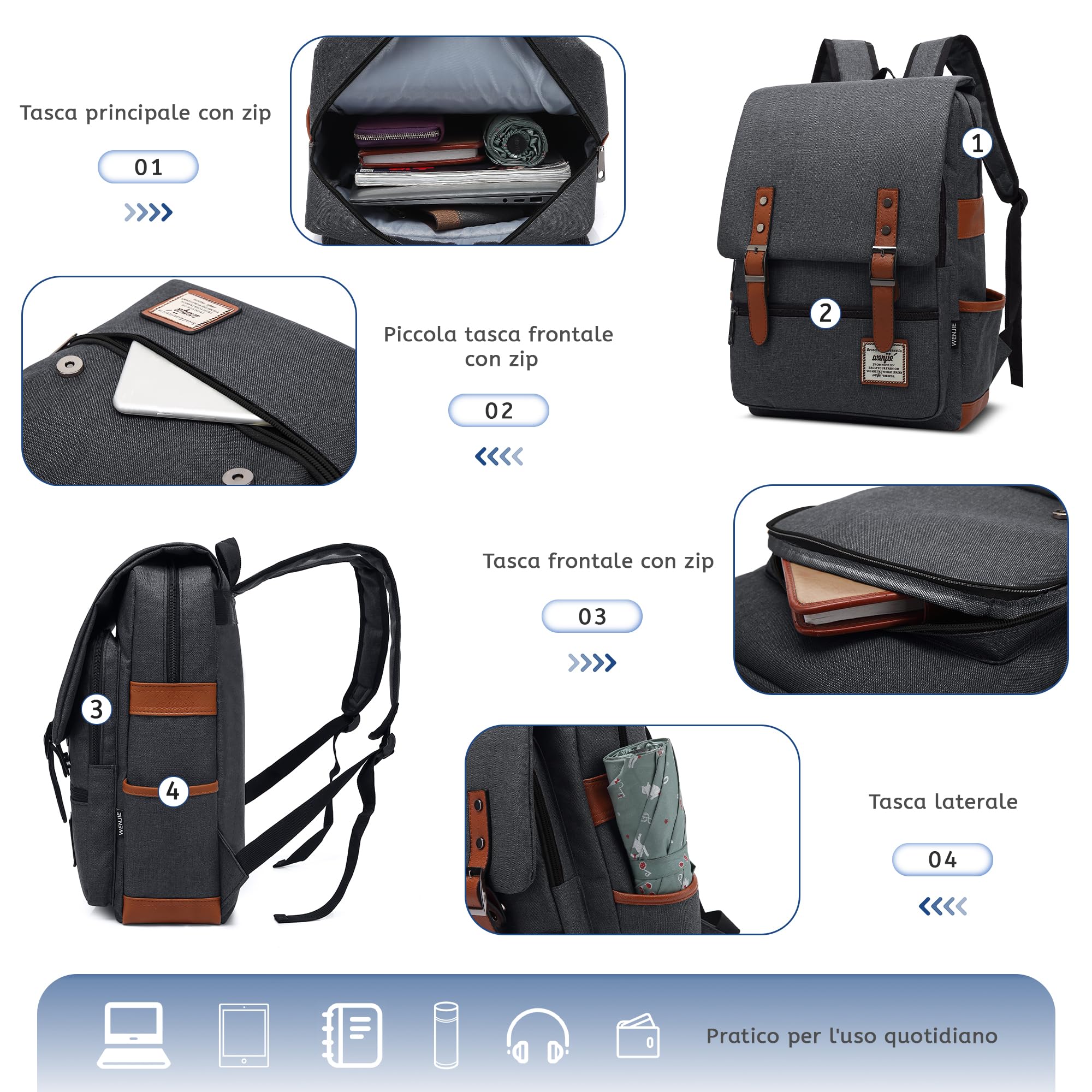VARLIVOO Casuale Uomo Zaino Donna Zainetto 14" Laptop Borse Lavoro Viaggio Scuola Università Campeggio Antifurto Zaino Impermeabile Polyester Grigio Scuro