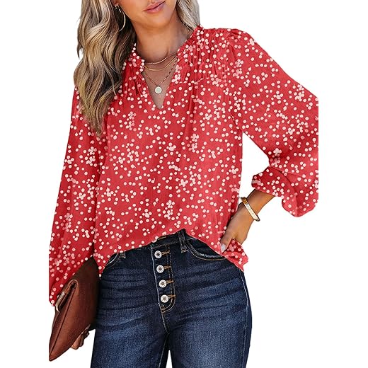 Dokotoo Womens Work Business Chiffon Blouses and Tops Loose Fit Dressy Alicia Floral Print V Neck Smocked Long Sleeve Shirts for Women Office Boho Top Trendy Red Large