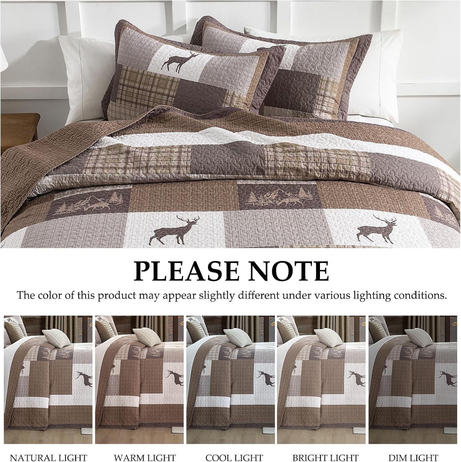Cabin Bedspread Queen Size 102"x120", 100% Cotton Oversized Queen Quilt, Lodge Cabin Farmhouse Quilted Bedspreads, Brown Gray Plaid Lightweight Quilt Bedding Sets for All Season, 3 Pcs