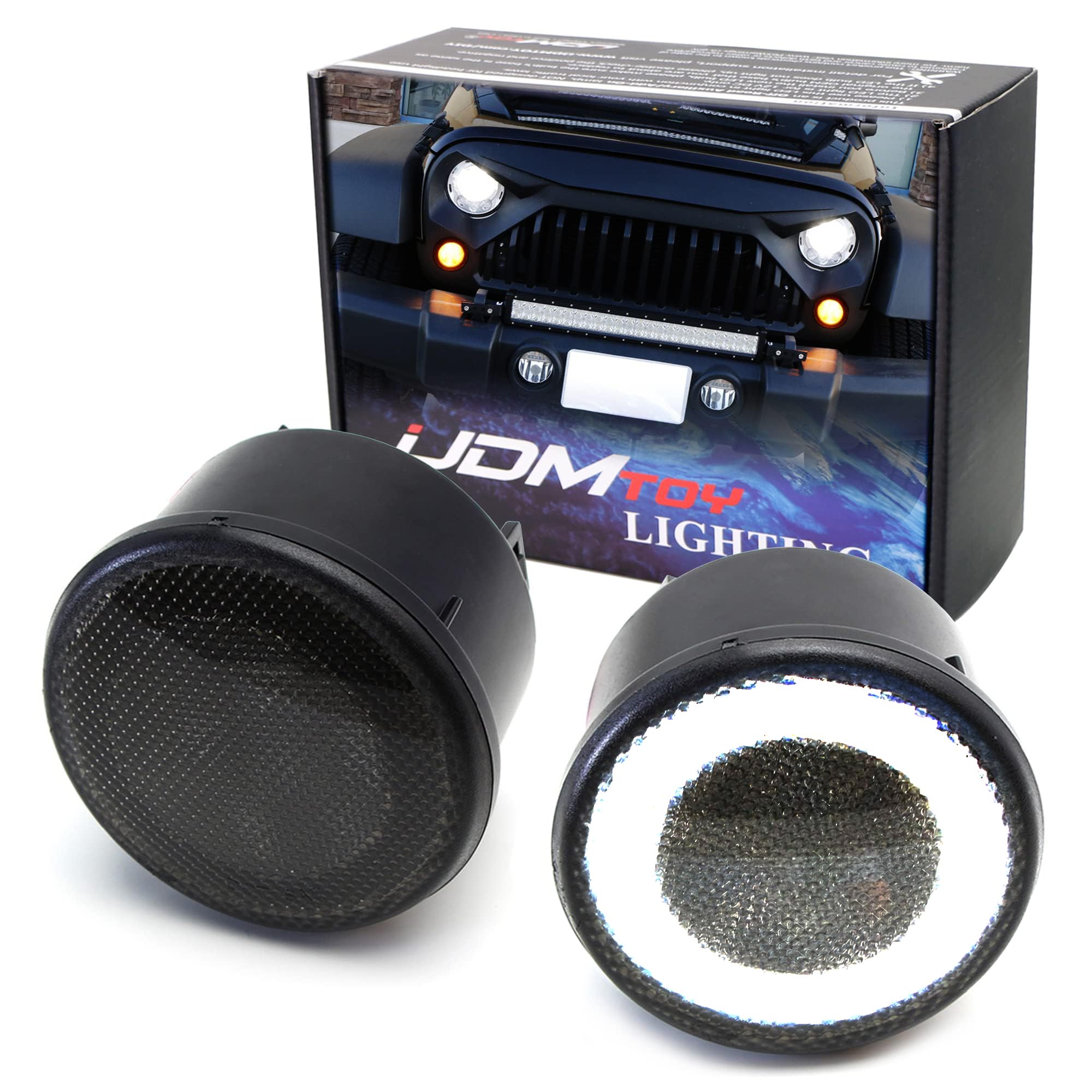 iJDMTOY Smoked Lens LED Driving/DRL Turn Signal Lamp Assembly Compatible With Jeep 2007-17 Wrangler (White LED Halo Ring as Parking/Driving/DRL Lights & Amber LED Center Light as Turn Signals)