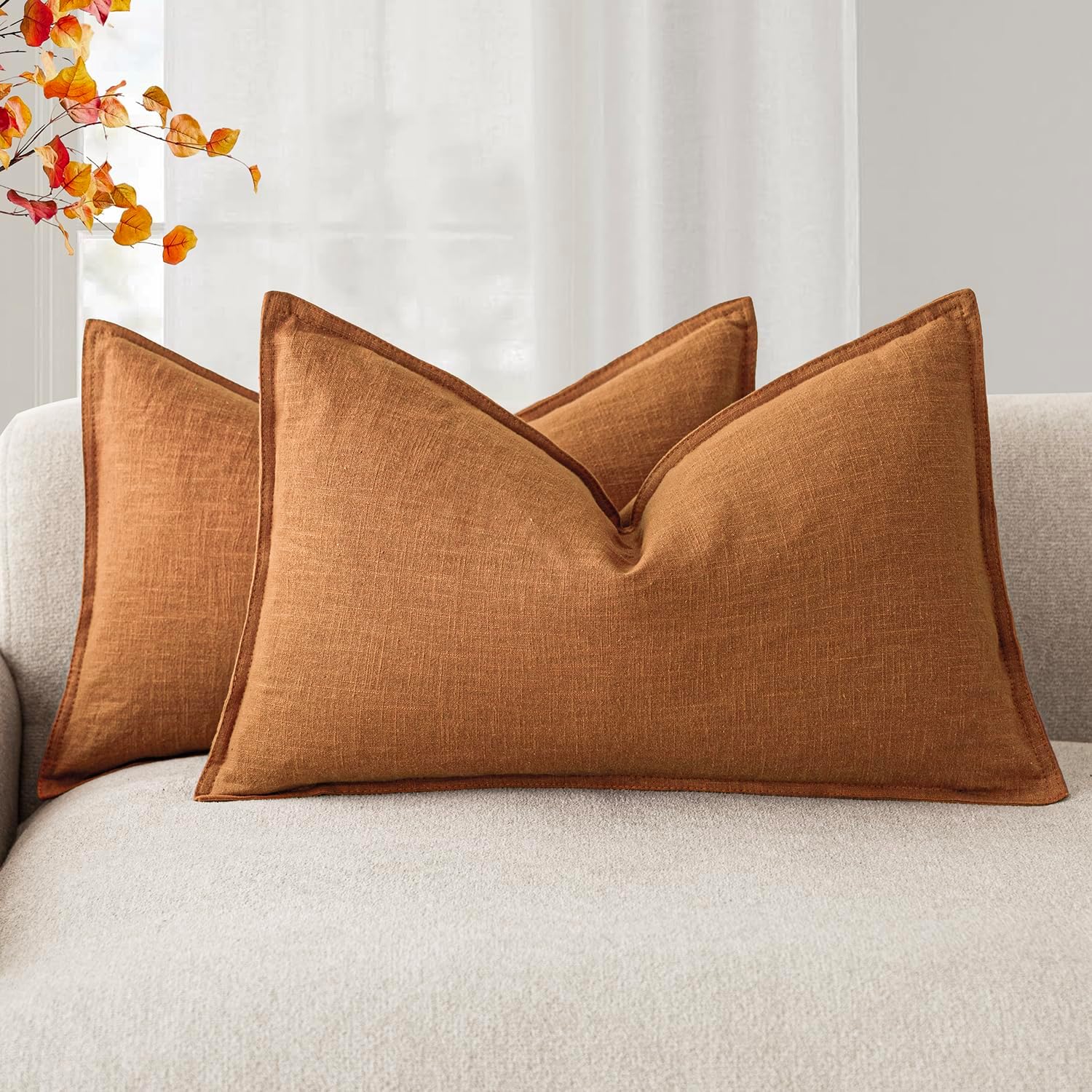Foindtower Pack of 2, Decorative Linen Soild Throw Pillow Covers Soft Accent Lumbar Cushion Case Farmhouse Pillowcase for Chair Couch Sofa Bedroom Living Room Home Decor 12 x 20 Inch Autumn Orange