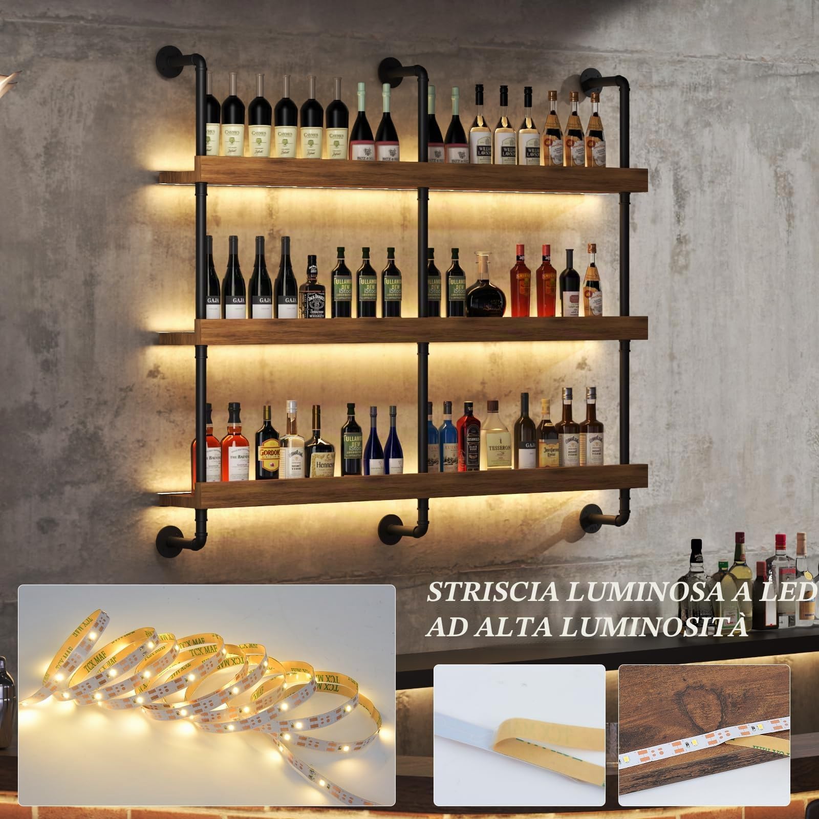 Portabottiglie da Parete con LED, 3 Livelli legno portabottiglie in metallo per vino, 80cm Vetrinetta Pensile, adatto per bar, cucine e ristoranti