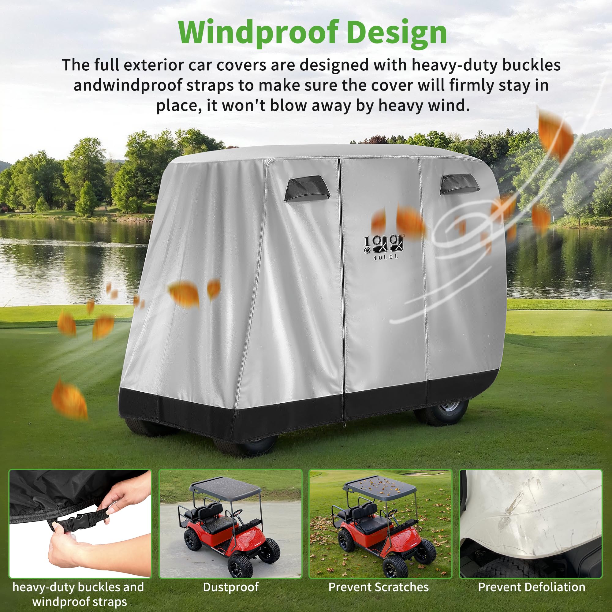 10L0L Copertura per carrello da golf per 2-4 passeggeri, impermeabile, resistente al sole per Yamaha EZGO Club Car, 284,5 cm L x 121,9 cm W x 185,4 cm H, adatta a tetto completo fino a 203,2 cm