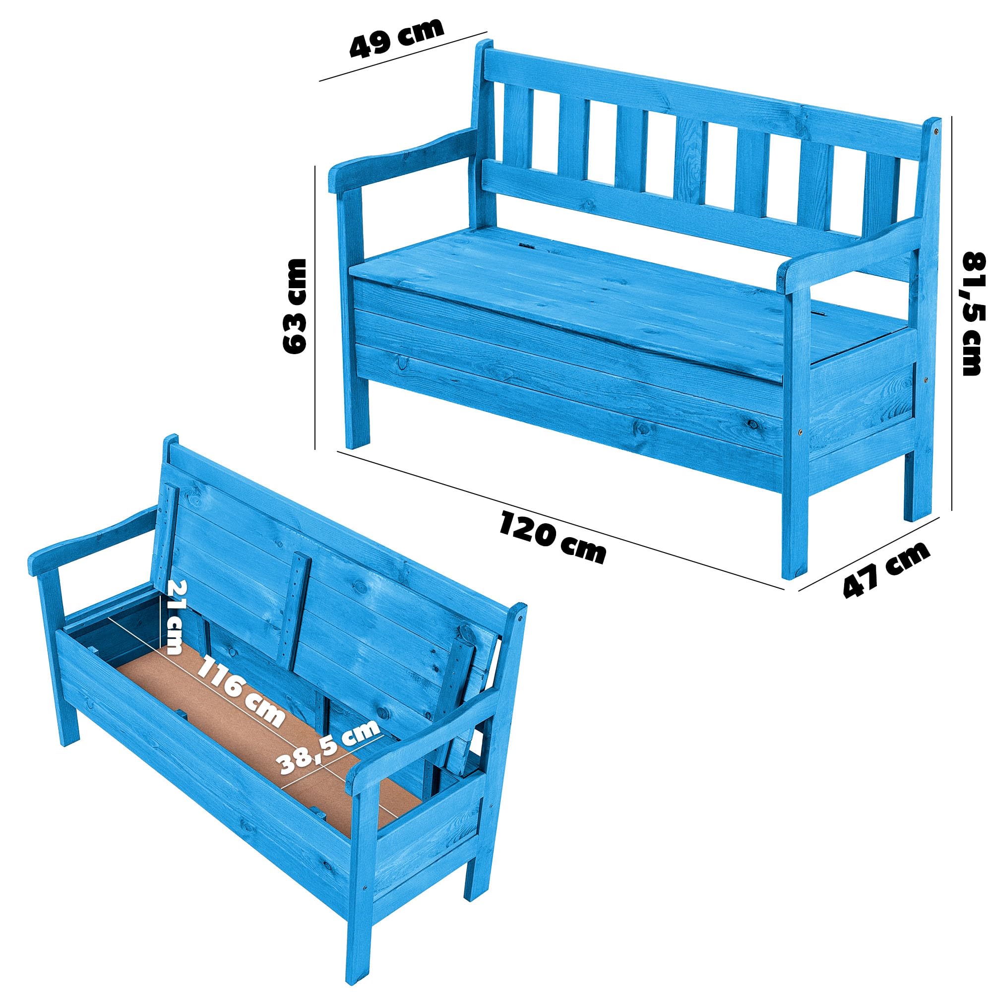 KADAX Panchina da giardino, 119 x 43 x 75 cm, cassapanca in legno con vano portaoggetti e schienale, resistente alle intemperie, per giardino, balcone (Blu)