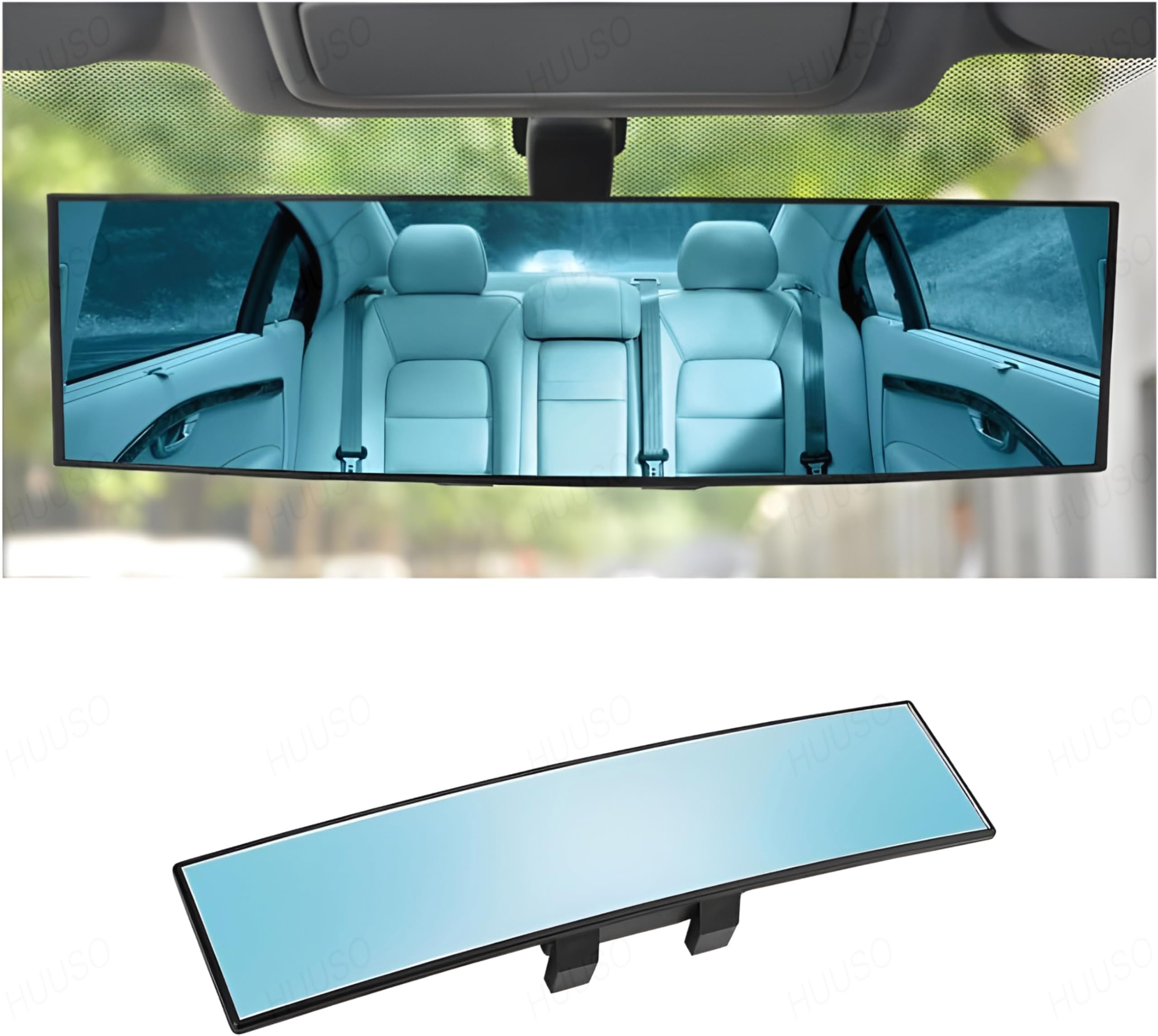 Rear View Mirror, Clip On Rear View Wide Angle Mirror, Panoramic Interior Extended Rear View Mirror, Anti-Glare, Blue Tint Compatible With All Cars, 1 Piece