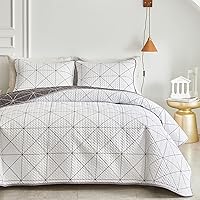 Vista 5 de Juego de edredón reversible de 2 piezas, cuadriculado blanco y gris, tamaño individual 68 x 86 pulgadas, suave microfibra ligera, colcha de verano