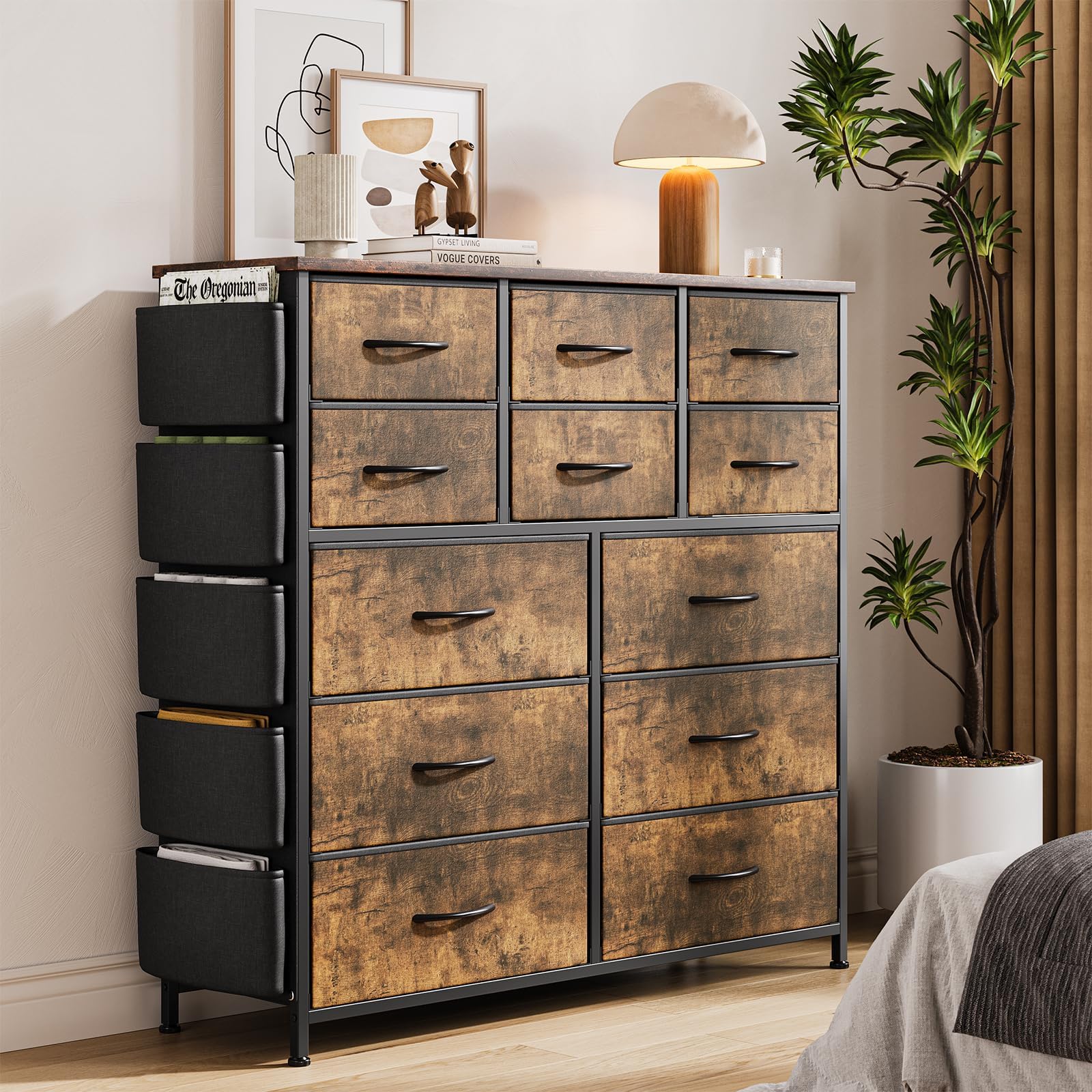Jojoka 12 Dresser for Bedroom, Chest of Drawers for Bedroom with Side Pockets and Hooks, Fabric Storage Dresser, Sturdy Steel Frame, Wood Top, Easy Pull Handle (Rustic Brown)