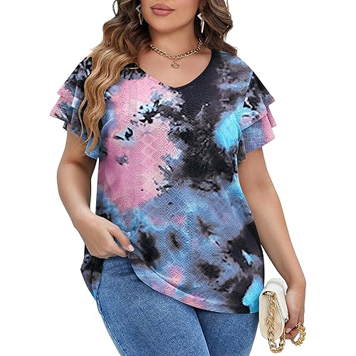 IN'VOLAND Womens Plus Size T Shirt V Neck Loose Fit Ruffle Sleeve Summer Hollow Casual Tops Blouse