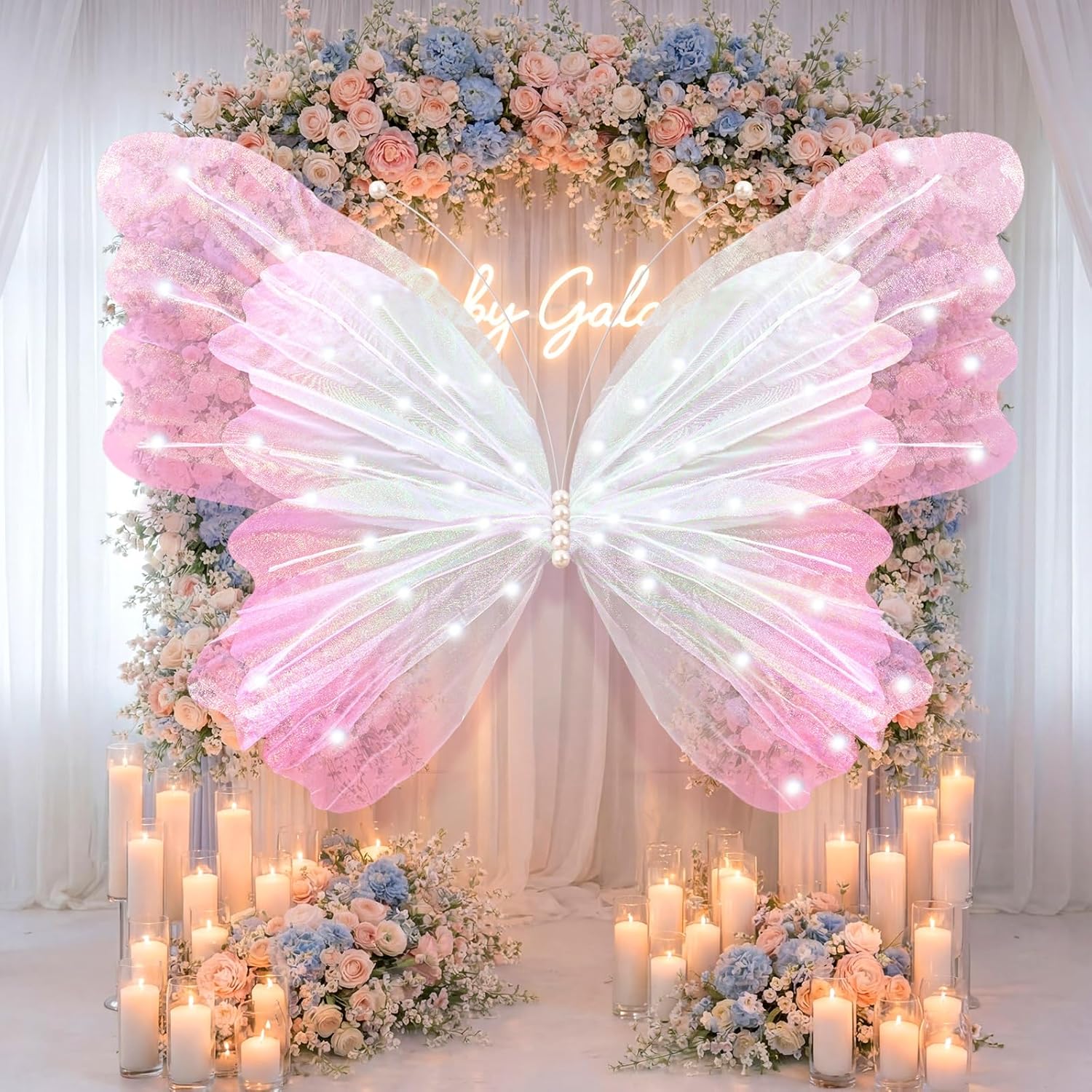 47 Inch Giant Butterfly Party Decoration Mariposas Grandes para Backdrop Decor Large 3D Silk Light up LED Butterfly Backdrop for Spring Wedding Baby Shower Birthday Party Outdoor Photo Prop(Pink)