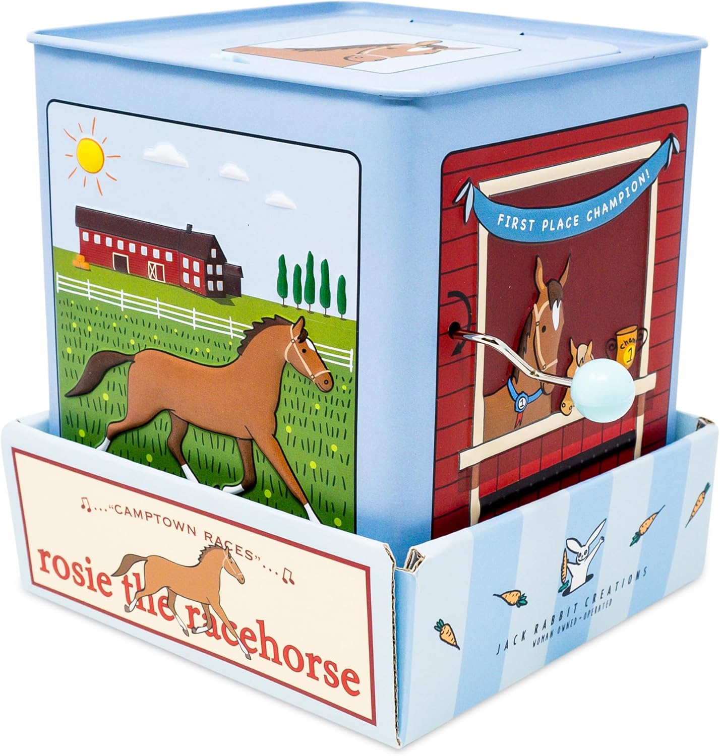 Jack Rabbit Creations: Rosie The Racehorse - Classic Music Jack in The Box Toy, Plush Brown Horse, Side Crank Plays Song, Surprise Pop-Up, Kids Age 3+