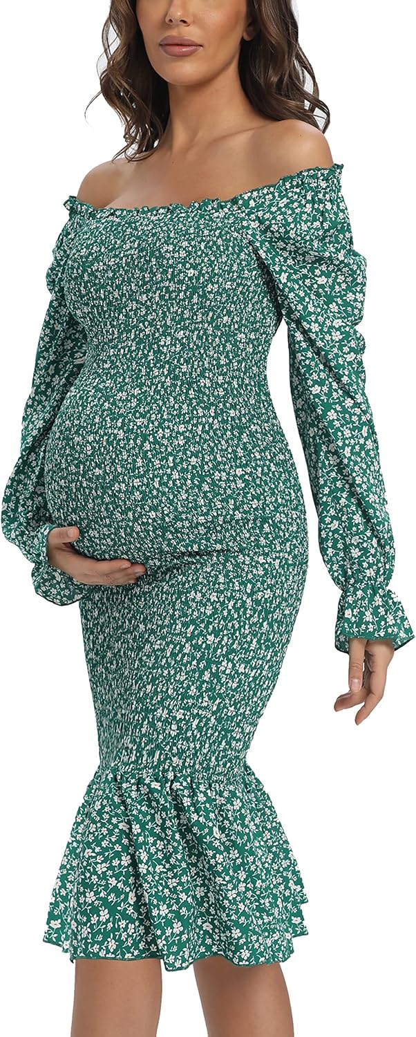Maternity Fall Floral Midi Bodycon Dresses, Long Puff Sleeve Square Neck Ruffle Hem Mermaid Baby Shower Dress Green L